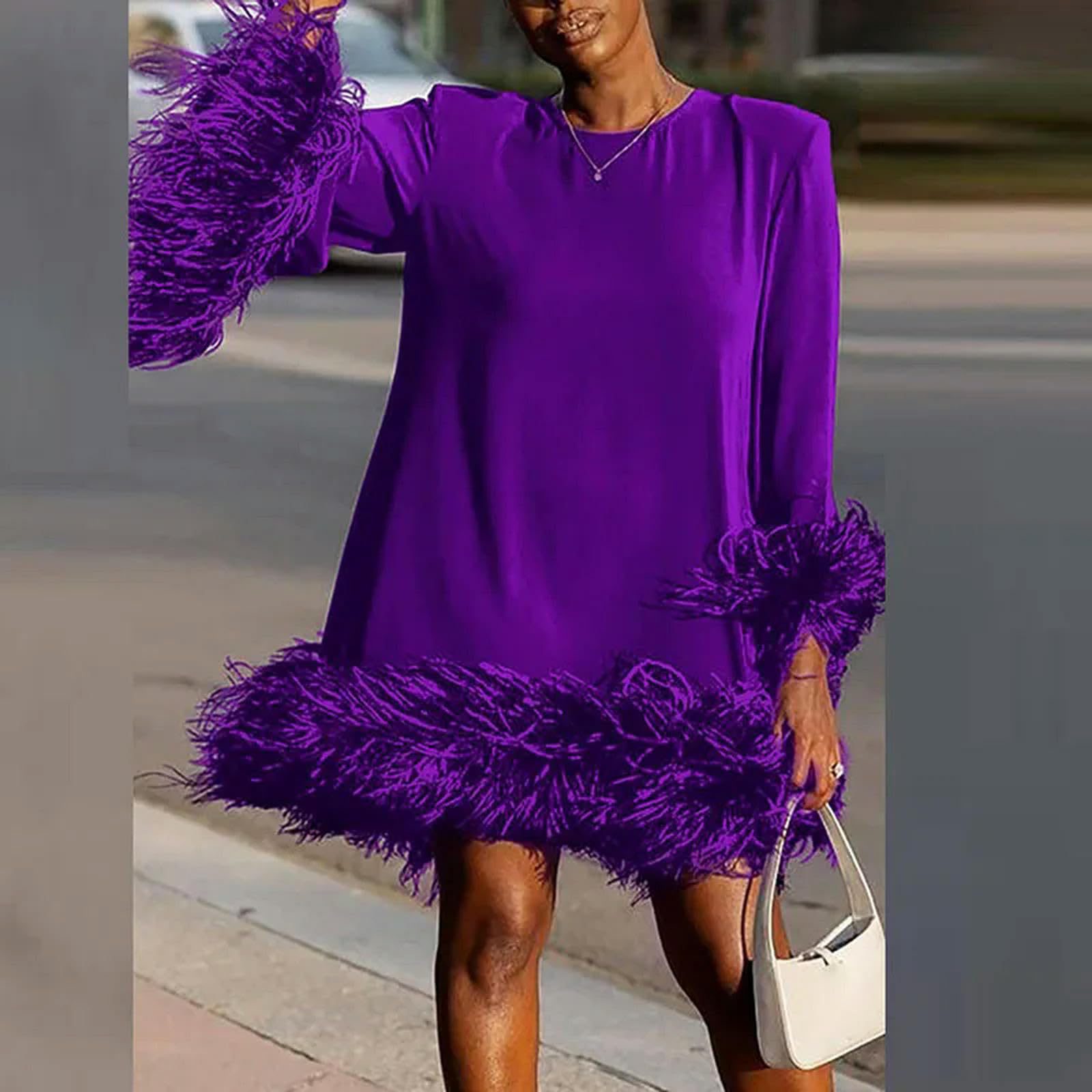 Vestido Elegante de Manga Larga con Cuello Redondo para IR al Trabajo, Vestido Holgado de Corte en A de Color sólido, Ropa de Mujer, Vestido de Fiesta de Retazos de Plumas