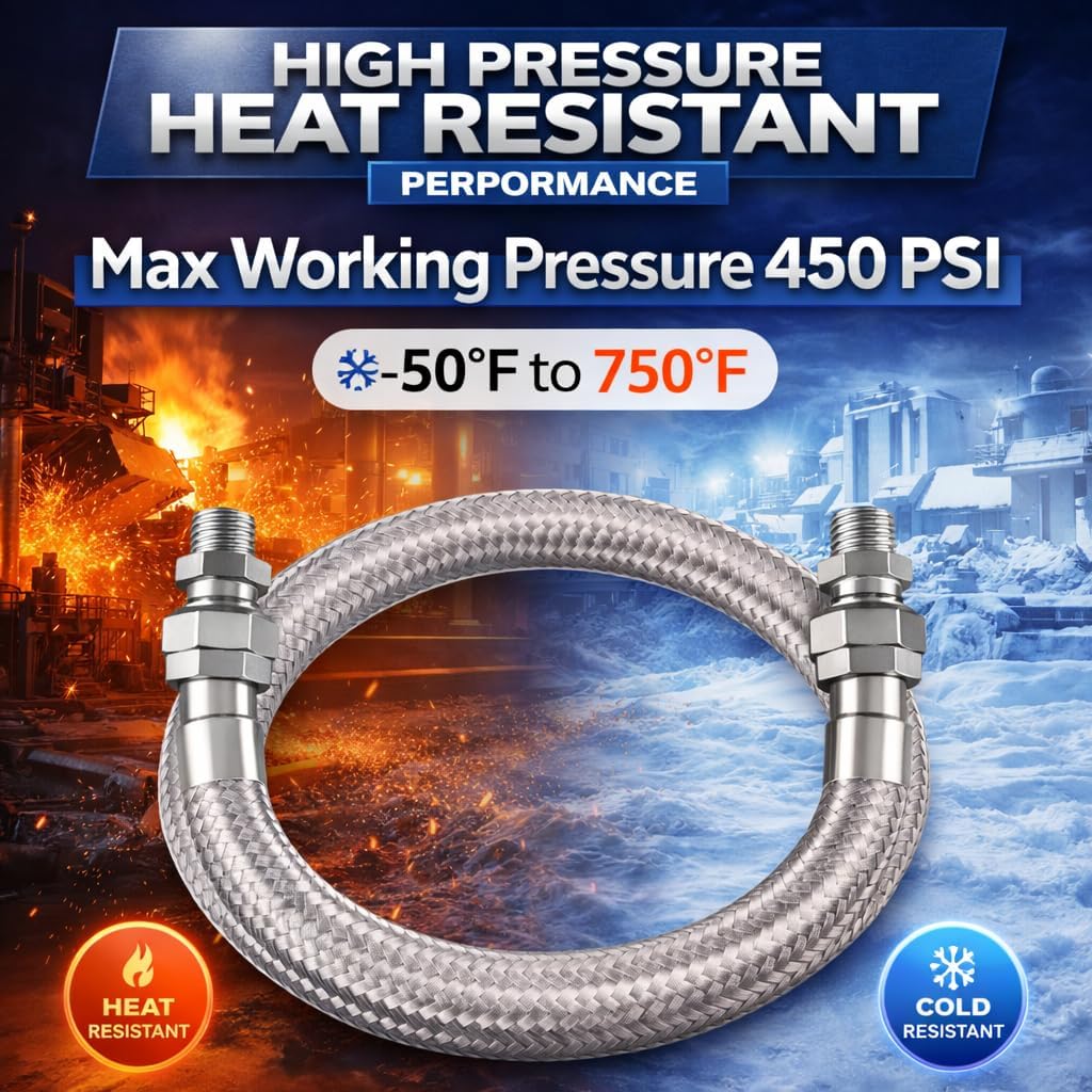 1/2" NPT Male (20" Length) Compressor Jumper Hose，450 PSI 750°F，Industrial Grade Flexible Stainless Steel with Dual Swivel Male Fittings Connectors for Air Compressor System
