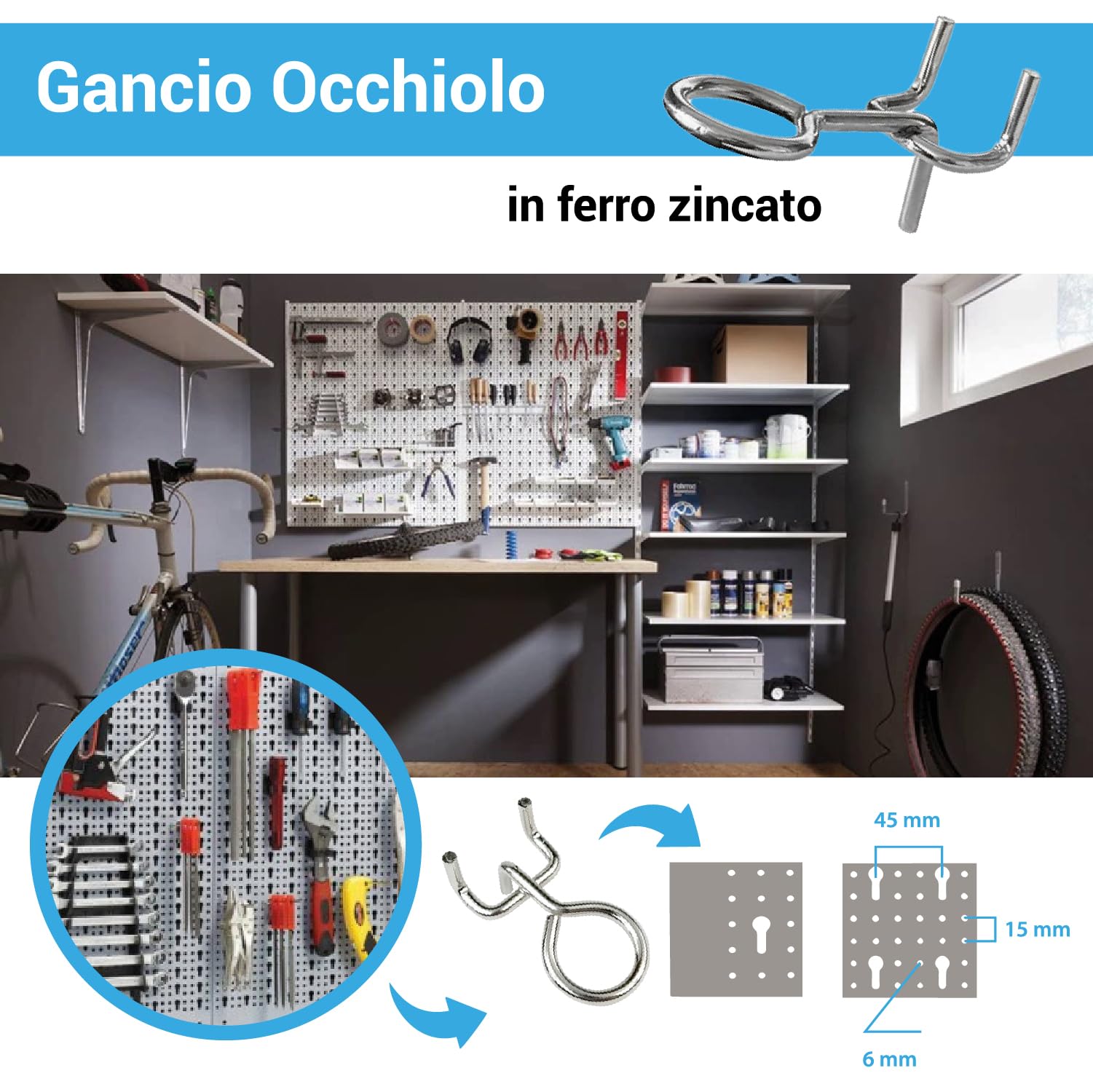 Crisalide® - Ganchos para paneles perforados para herramientas, plástico o hierro galvanizado, paquete de 100 unidades - Resistentes y fáciles de instalar - Fijación segura (gancho de ojo galvanizado)