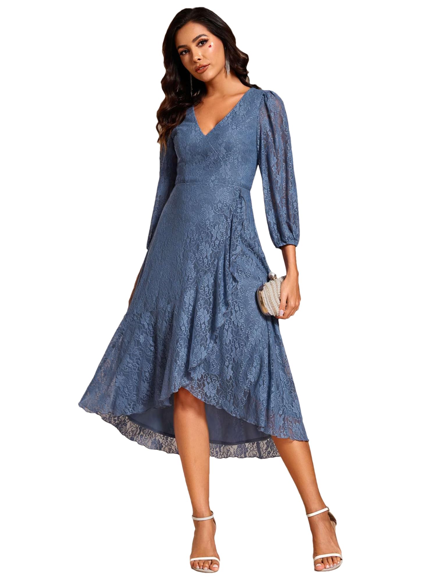Ever-Pretty Vestido de Invitados de Boda Cordón Manga Larga para Mujer Vestido Noche Cuello en V EG02238