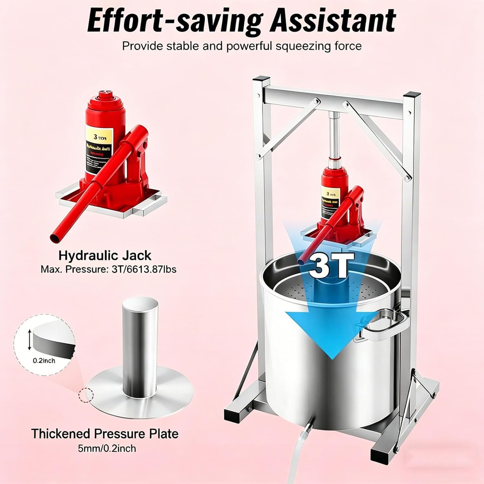 Pressa Idraulica per Frutta e Vino, Pressa Manuale per Frutta da 12L/22L/36L con Martinetto Idraulico da 3000kg - Cestello in Acciaio Inox 304 per la Produzione di Succo, Vino e Sidro 22L
