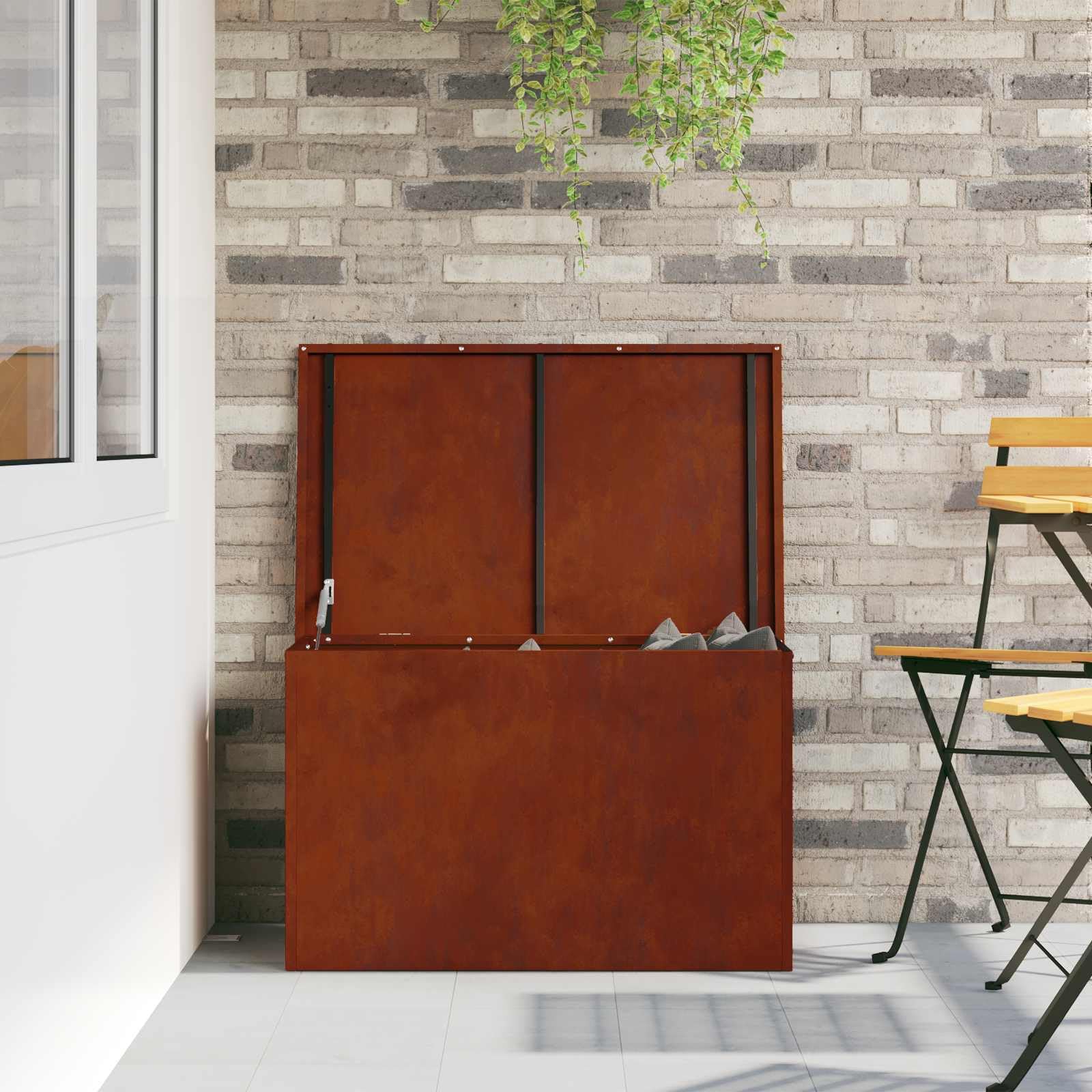 Contenitore per esterni in acciaio arrugginito, 80 x 50,5 x 50 cm, con coperchio sollevatore a gas, resistente alle intemperie, per giardino, terrazza, esterno, salvaspazio e durevole