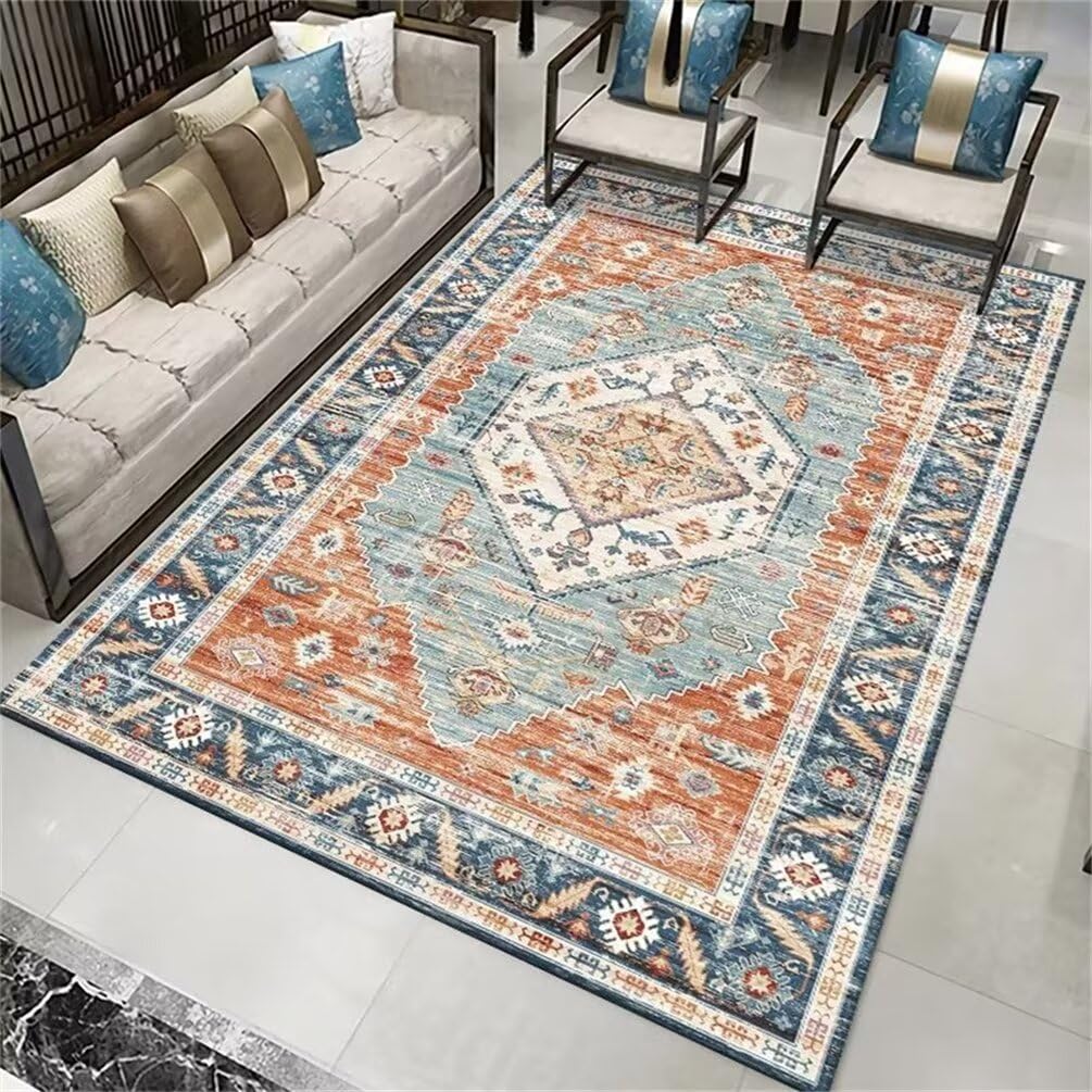 Tapis de couloir long lavable bleu 120x120cm et moquette couloir à motif floral rétro