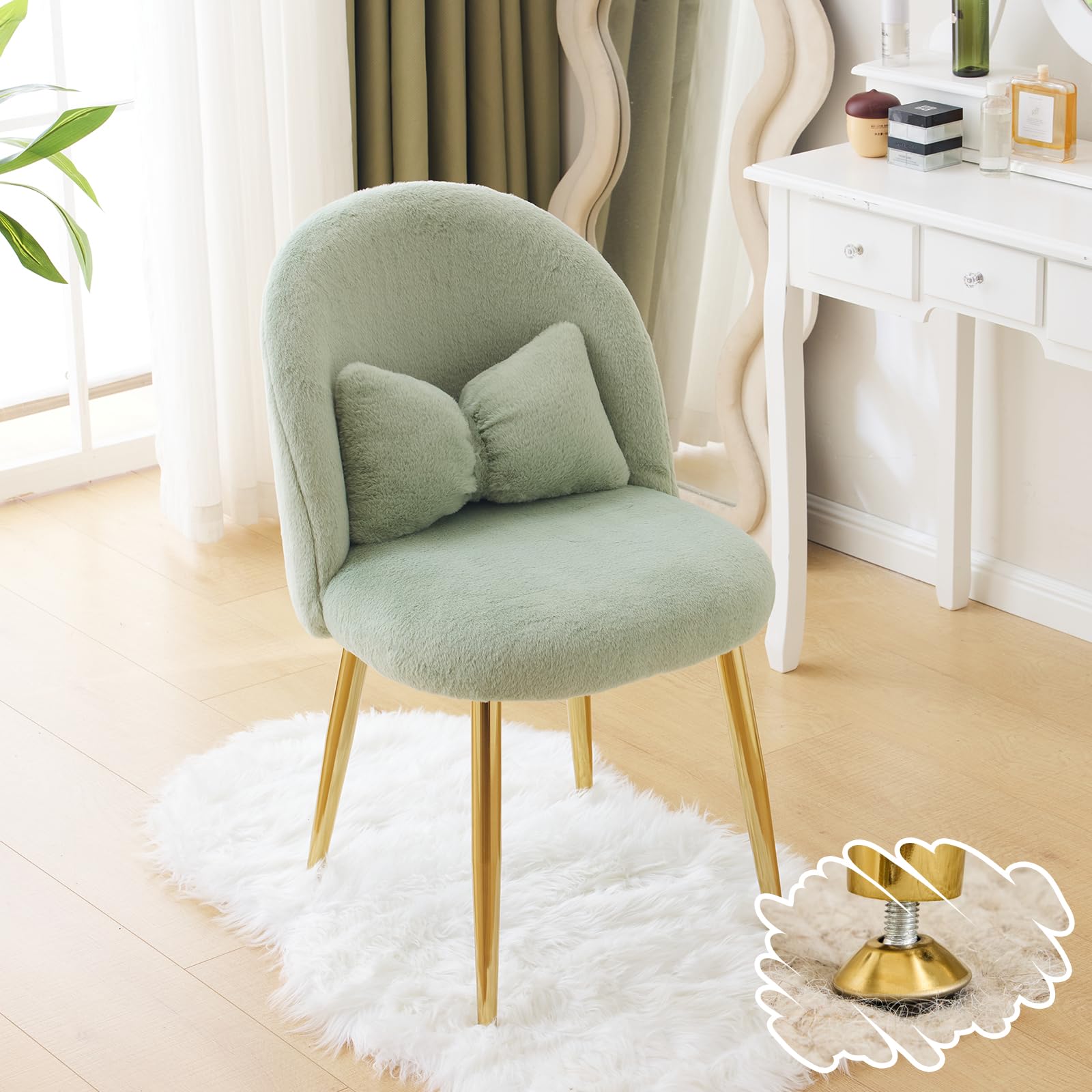 Bonnlo Girls Vanity Chair with Back & Pillow, Cute Small Cozy Desk Chair No Wheels, Comfy Makeup Ch with Ajustable Gold Legs,for Bedroom,Living Room, Small Space, Green