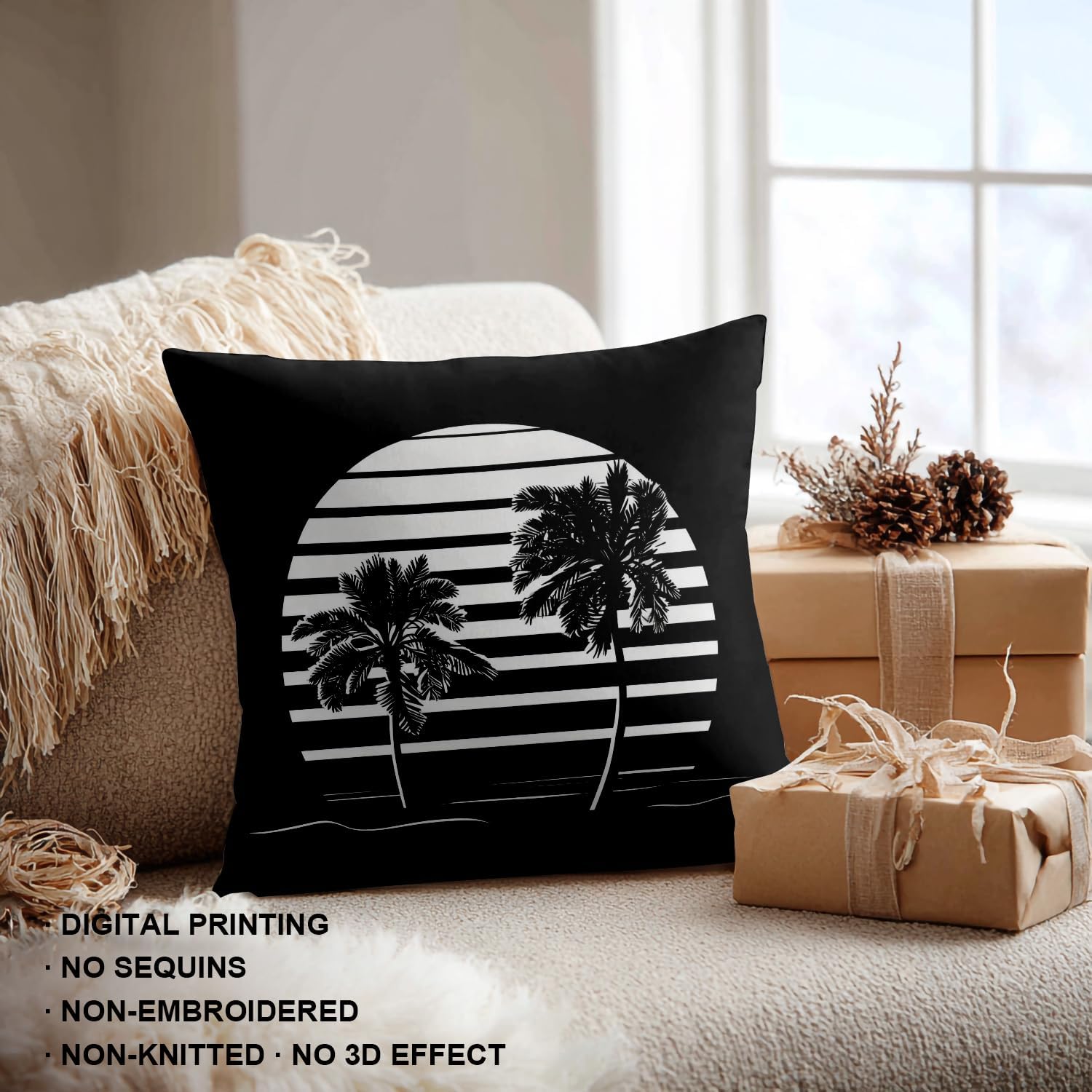 Shrahala Summer Holiday Decorative Throw Pillow Cover, Palm Trees Tropical Island Beach and Sunset Print Cushion Case for Sofa Bedroom Throw Pillow Case, 20 X 20 Inches