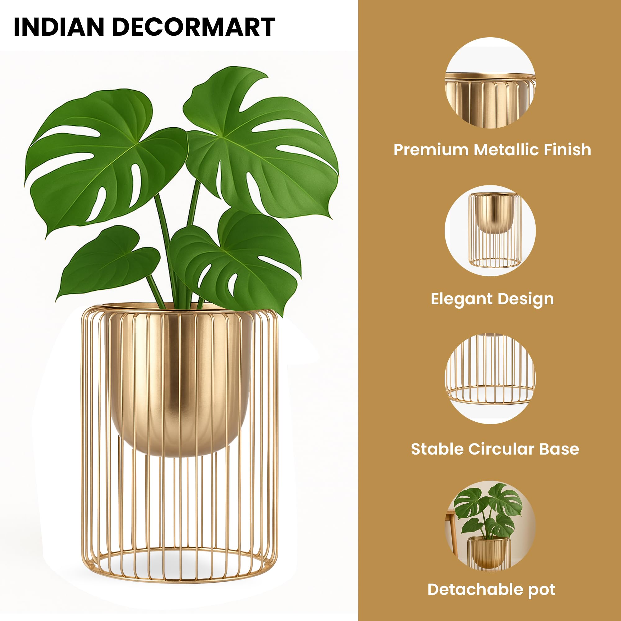 INDIAN DECORMART Modern Gold Metal Planter with Cylindrical Wire Cage Stand | Stylish Indoor Decorative Flower Pot for Home and Office Decor | Decorative Item for Living Room 1
