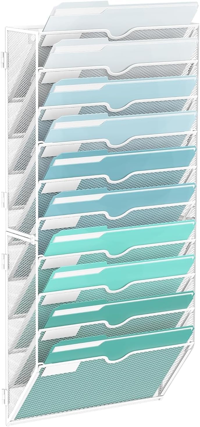 SUPTIDY 10-Tier Mesh Wall Mounted File Holder, Hanging Wall File Organiser, Office Organization for Papers, Mails, Folders, Files Clipboard Magazine Storage Rack, White