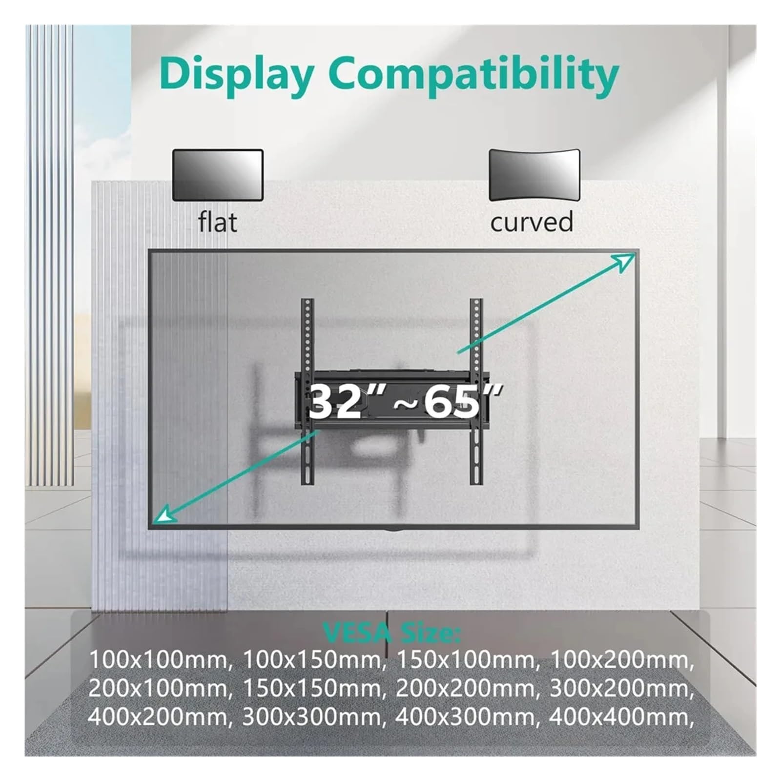 Supporto TV Fisso A Parete for La Maggior Parte Dei Televisori Piatti/curvi Da 32-65" - Supporto TV A Basso Profilo - Inclinato Di ±15°, Staffe TV Universali VESA 400 X 400 Mm Sostituisci(No tile)