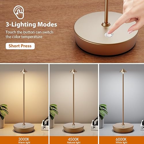 Miniatura 9 de YIBEN Lámpara de mesa inalámbrica recargable, batería LED portátil de 6000 mAh, lámpara de escritorio USB de metal, 3 niveles de luz de brillo para