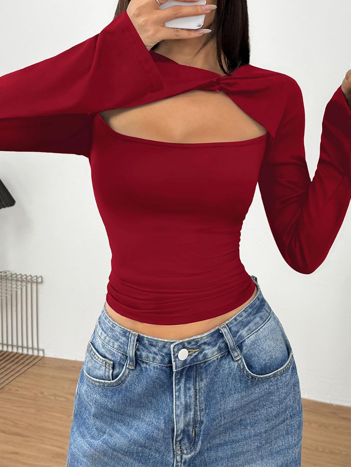 Women's Cut Out Long Sleeve Shirts Slim Fit Cropped Crewneck Crop Tops 2025 Fashion Clothes - Image 2