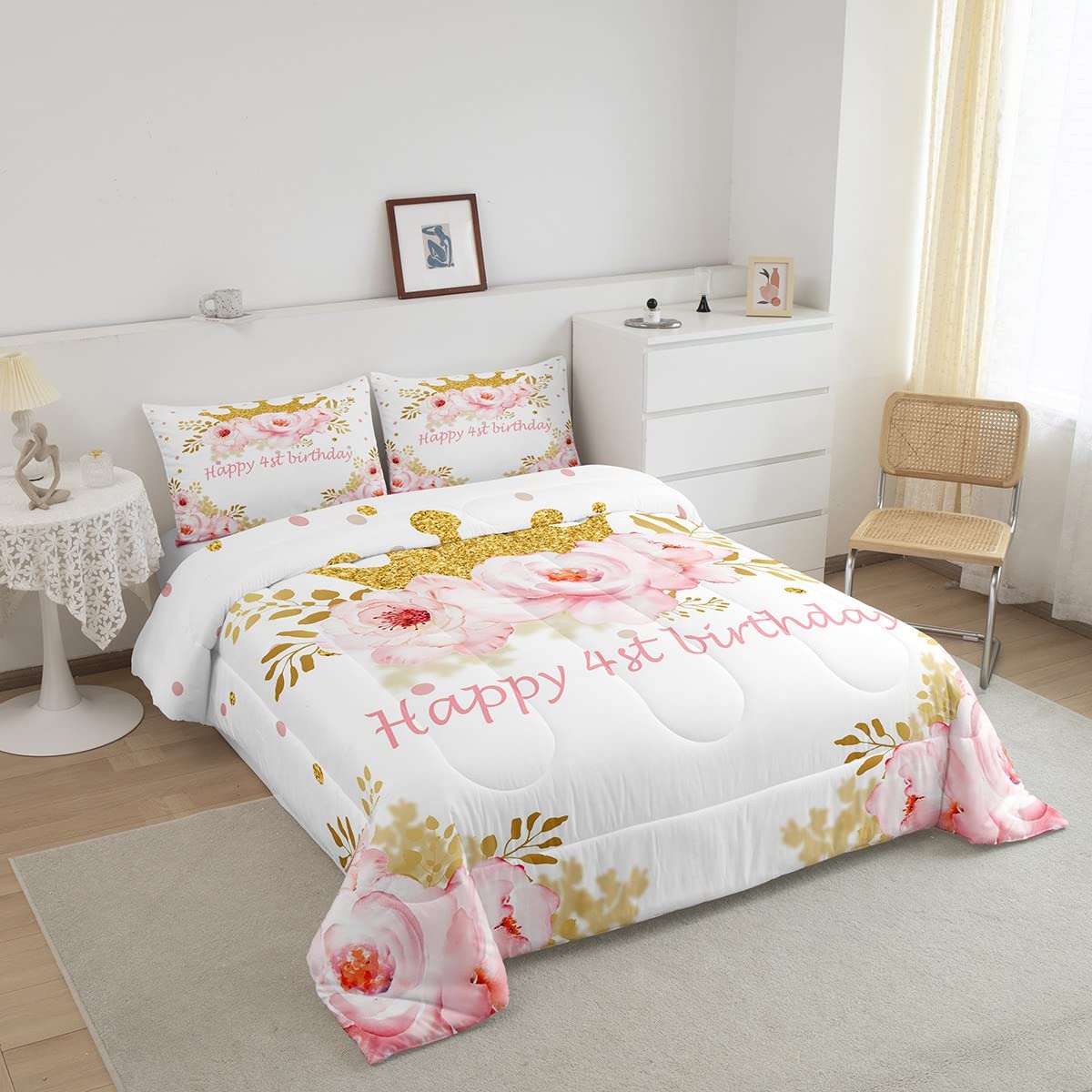 Juego de ropa de cama de 4 cumpleaños lindo juego de ropa de cama floral rosa para niños y niñas, edredón de fiesta de cumpleaños, juego de edredón floral botánico, 2 piezas de tamaño individual