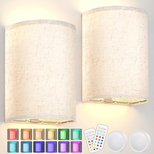 Aplique de pared recargable magnético inalámbrico de colores RGB regulable con pantalla de lino y control remoto, decoración de iluminación juego de