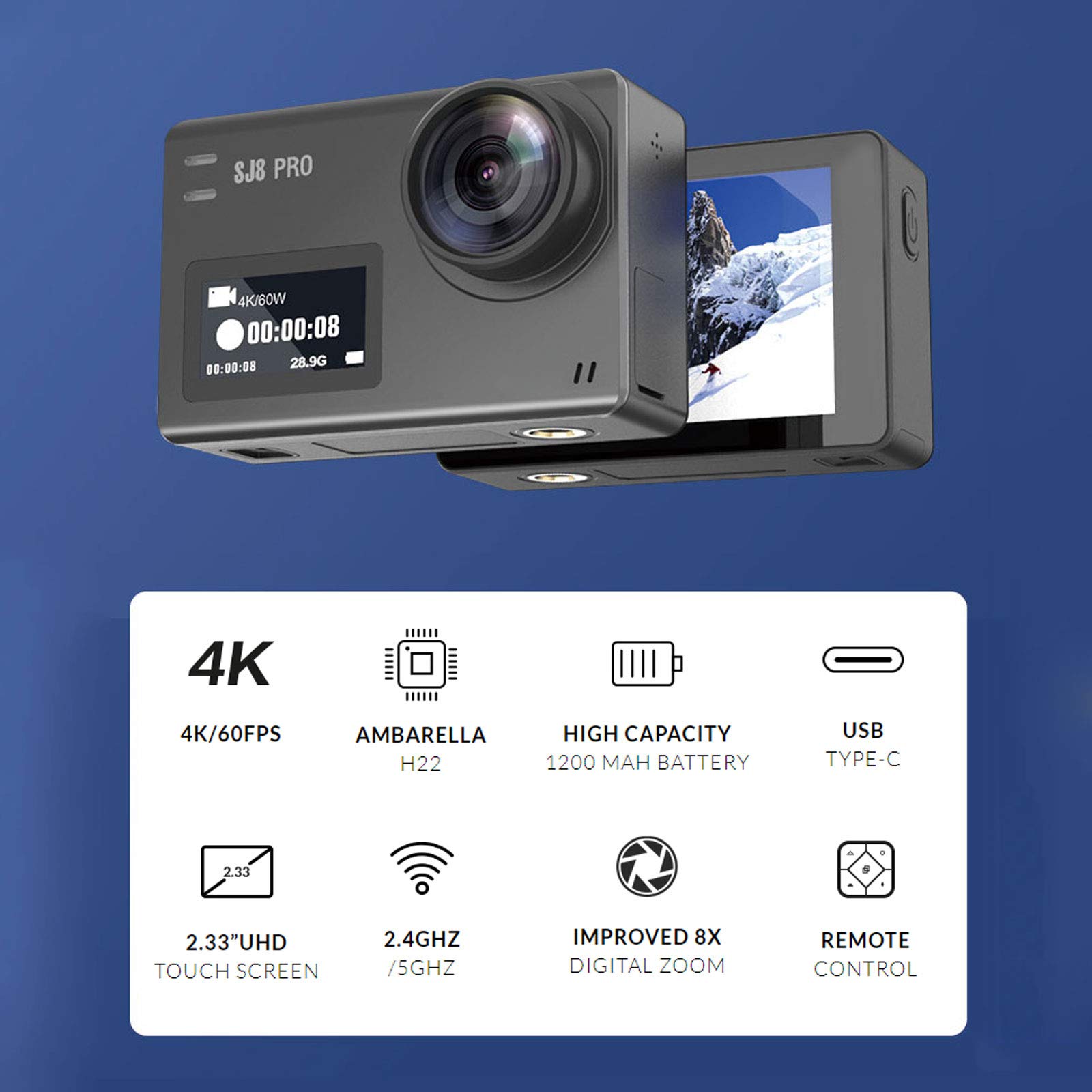 HD Fotocamere Digitali con Zoom 8x, 4K 2.0" Schermo 12MP Macchina Fotografica Subacquea 30M Videocamera Impermeabile Action Camera, Telecomando Senza Fili,Rosa