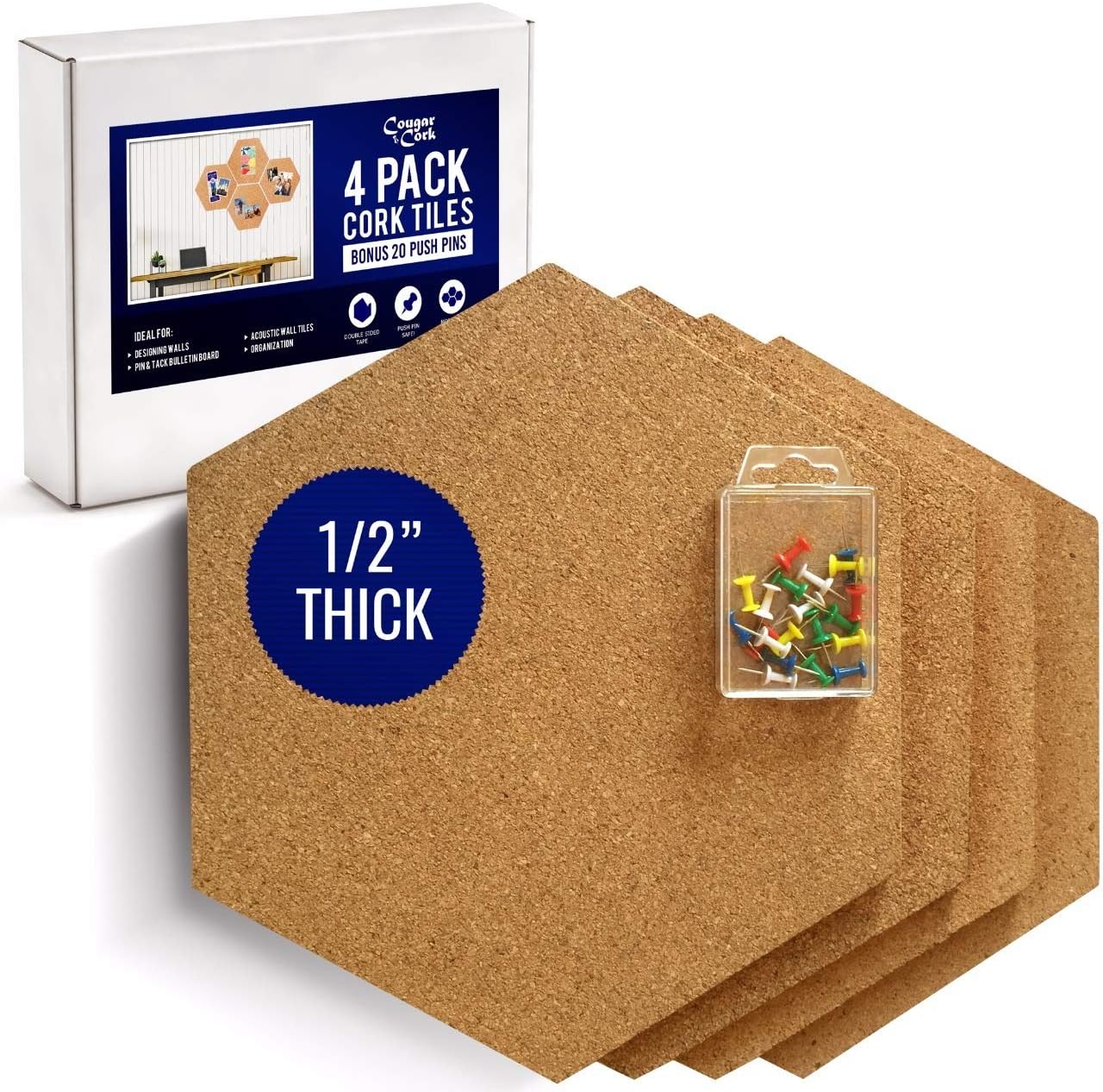 Hexagon Wall Tiles - 4 Pack with Extra Push Pins Included | 11.8" x 10.2" | 1/2" Thick Cork Boards with Ultra Strong Self Adhesive Backing | Premium Natural Cork for Bulletin Board