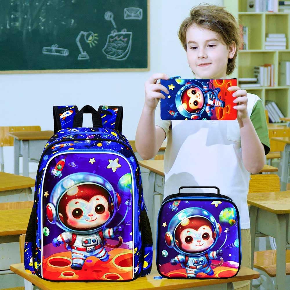 KLFVB 3PCS Boys Monkey Bookbag, Water Resistant Kids Space Backpack with Lunch Box, 16" Preschool Backpacks for Elementary - Rocket Monkey