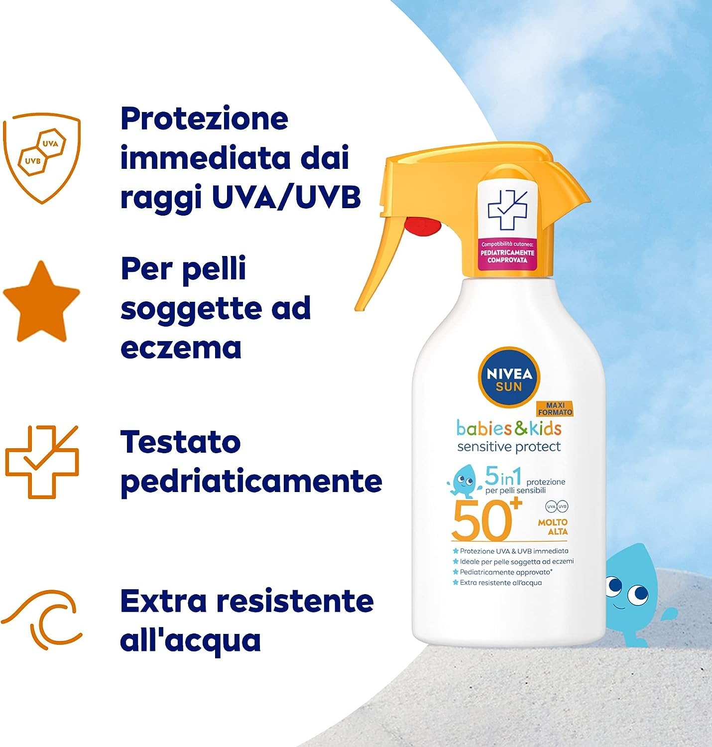 NIVEA SUN Kids Sensitive Protect & Play SPF 50+ 250 ml, Crema solare spray 50+ bambini e neonati dai 6 mesi in su, Crema solare bambini resistente all'acqua, Protezione per pelle sensibili e delicate
