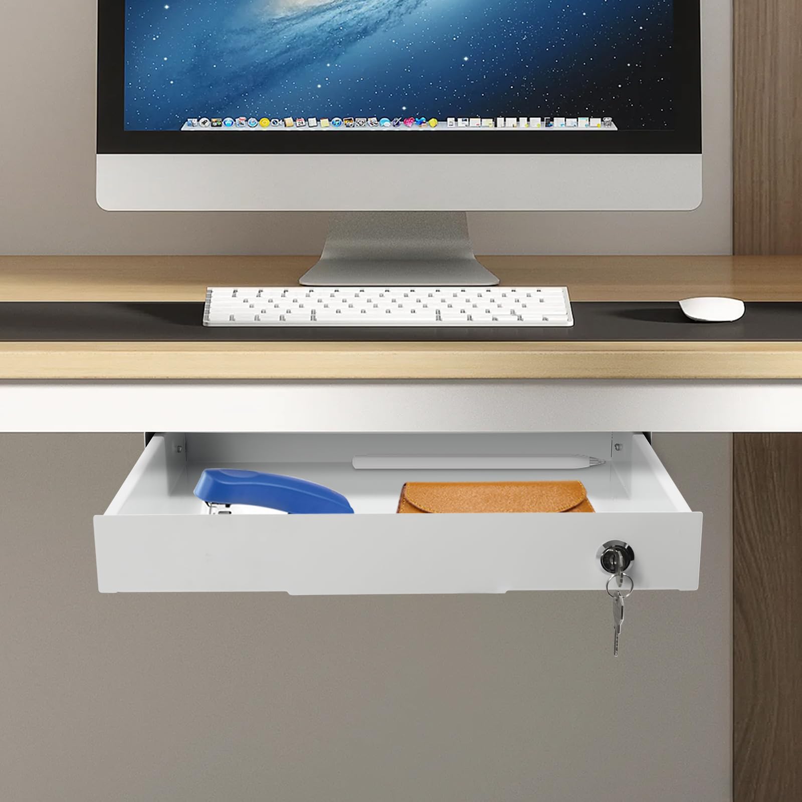 Organizador de Literatura de 14 Pulgadas con cajón extraíble y Cerradura, para Colocar Debajo del Escritorio, para escritorios de pie (Blanco)