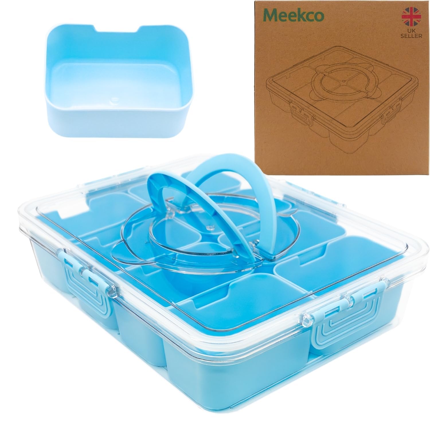 Meekco Bento Lunch Box 1200ml โ BPA Free 2-Tier Leak Proof Lunch Box with Cutlery | 8 Compartment Microwave & Dishwasher Safe | Food Containers with Compartments for Adults & Children (Blue)