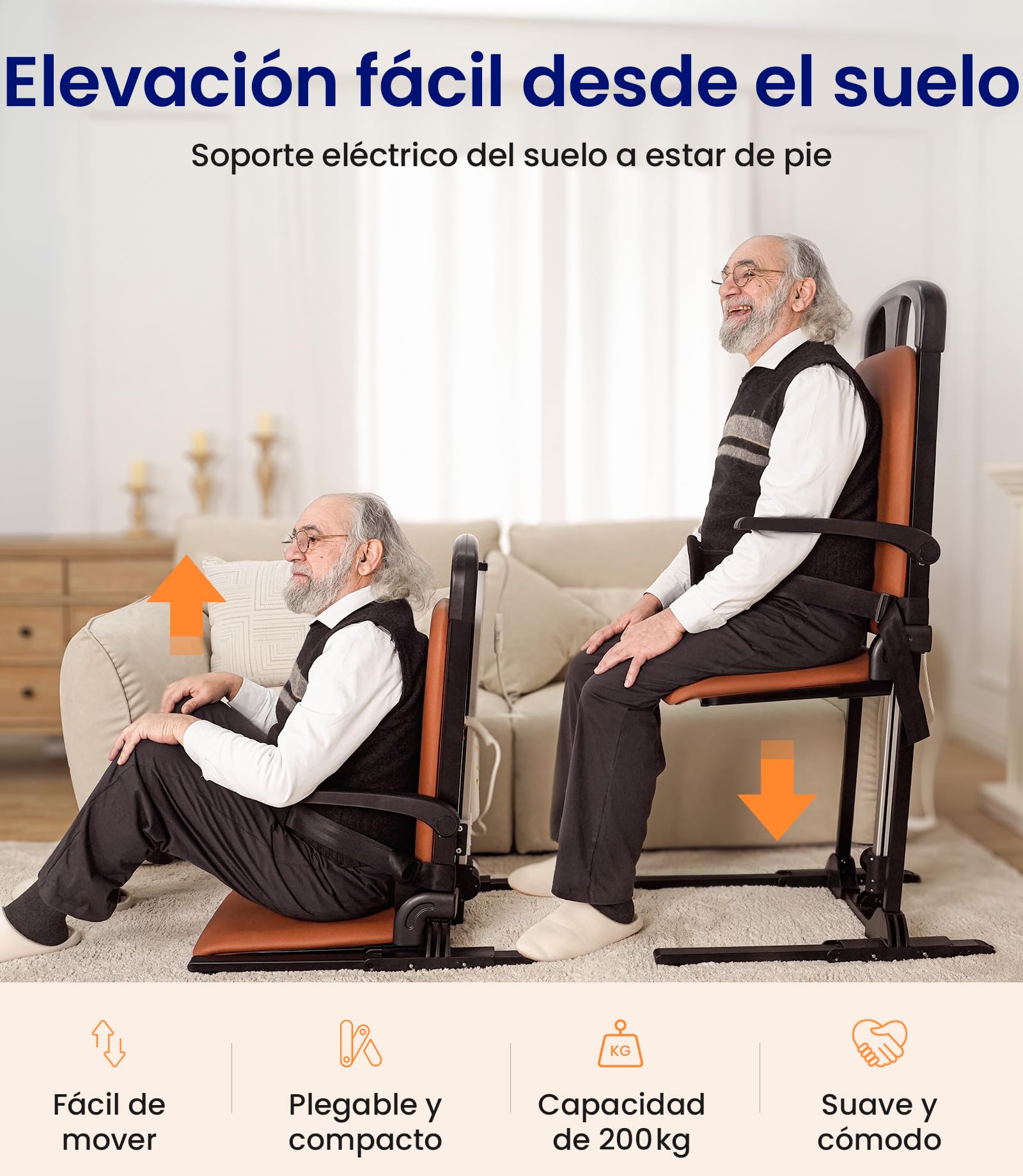 VOCIC Asistente para levantarse para personas mayores, silla de pie eléctrica, marco de acero estable, plegable y portátil, soporta hasta 200 kg, piel sintética de color naranja