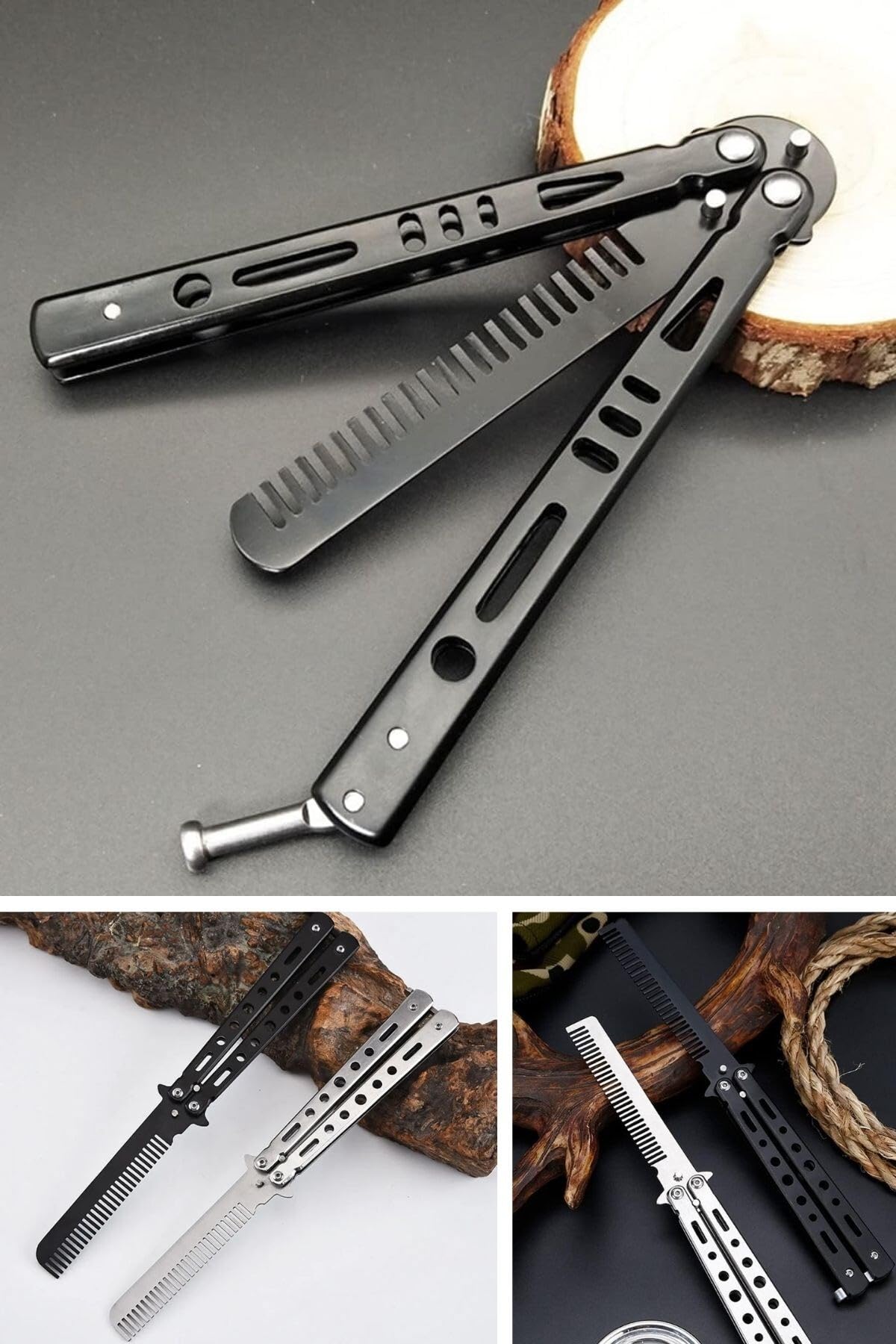 Buffer Katlanabilir Paslanmaz Çelik Kelebek Tarak, Siyah, Profesyonel Saç Kesimi ve Sakal Bakımı, 22 cm
