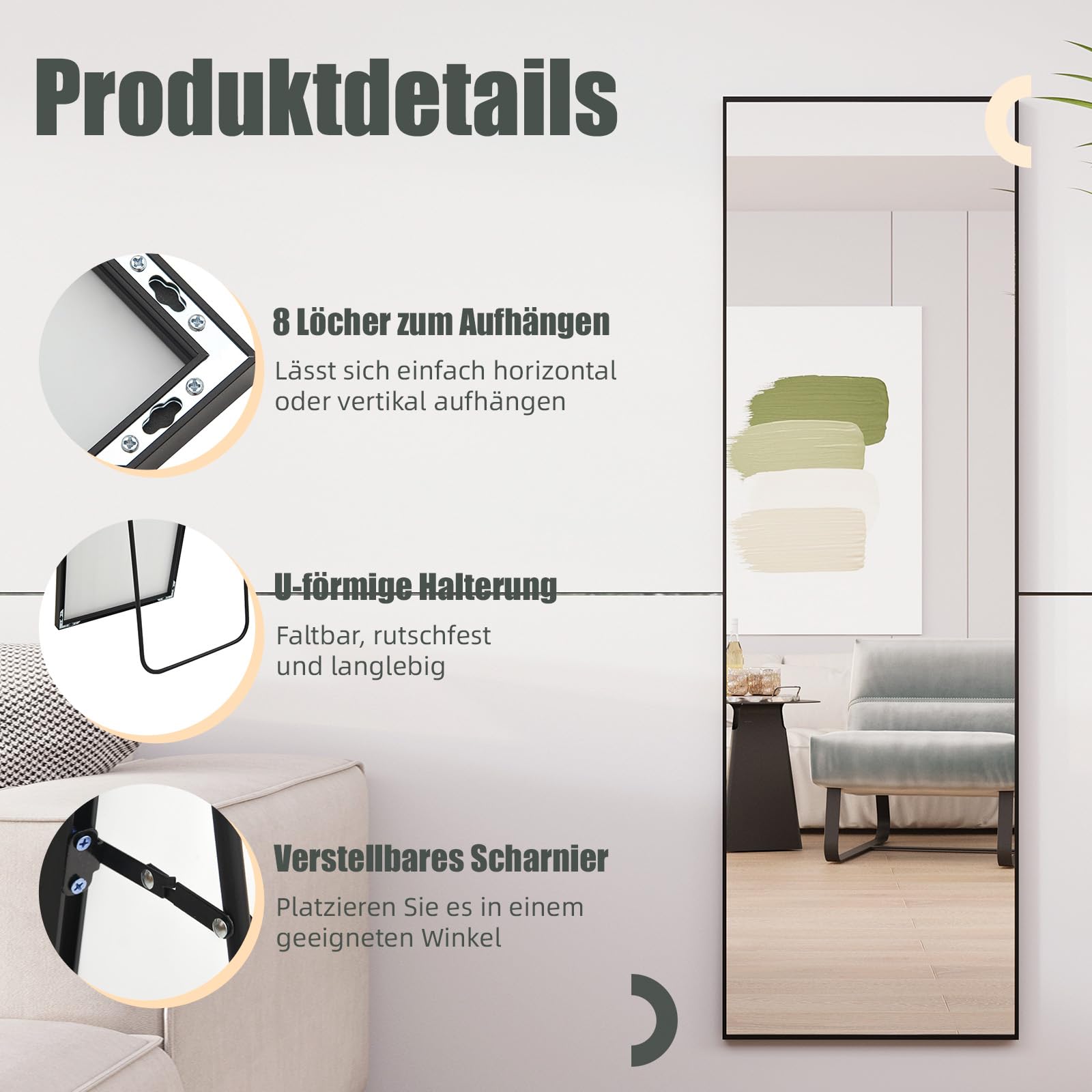 Lustro stojące z czarną metalową ramą 140 x 40 cm lustro pełne | Rama ze stopu aluminium, szkło hartowane, stojąca lub wisząca na ścianie do sypialni, salonu, korytarza