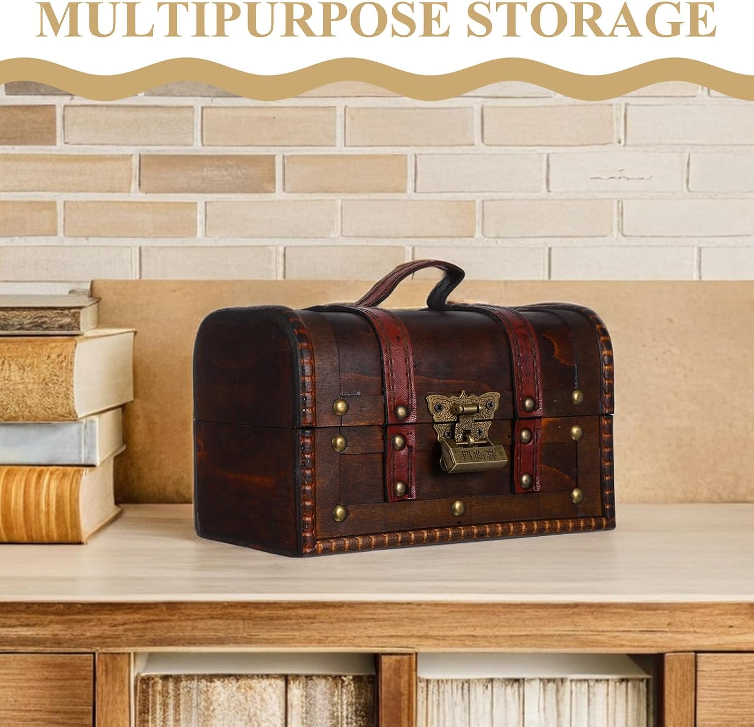 VICASKY Vintage Pirate Treasure Chest with Lock, Small Wood Storage Box for Keepsakes, Dark Brown Mini Treasure Crate Suitable for Home Decor and Travel Storage