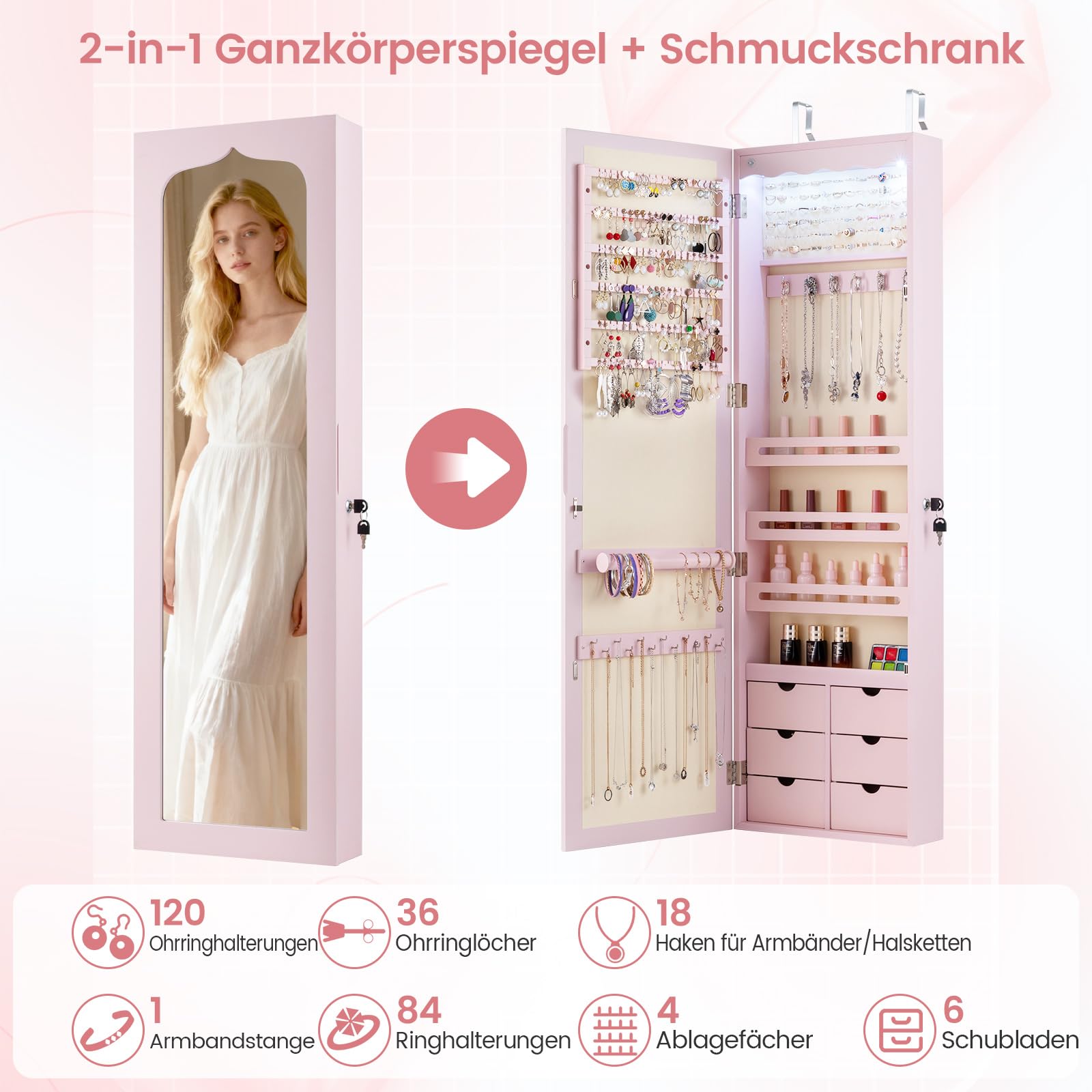 RELAX4LIFE Schmuckschrank mit automatischen LEDs, Schmuckregal mit 6 Schubladen & 3 Lagerregalen & Spiegel, Schmuckorganizer für Ohrringe Armband Kette Ringe Kosmetik, Tür- & Wandmontage (Rosa)
