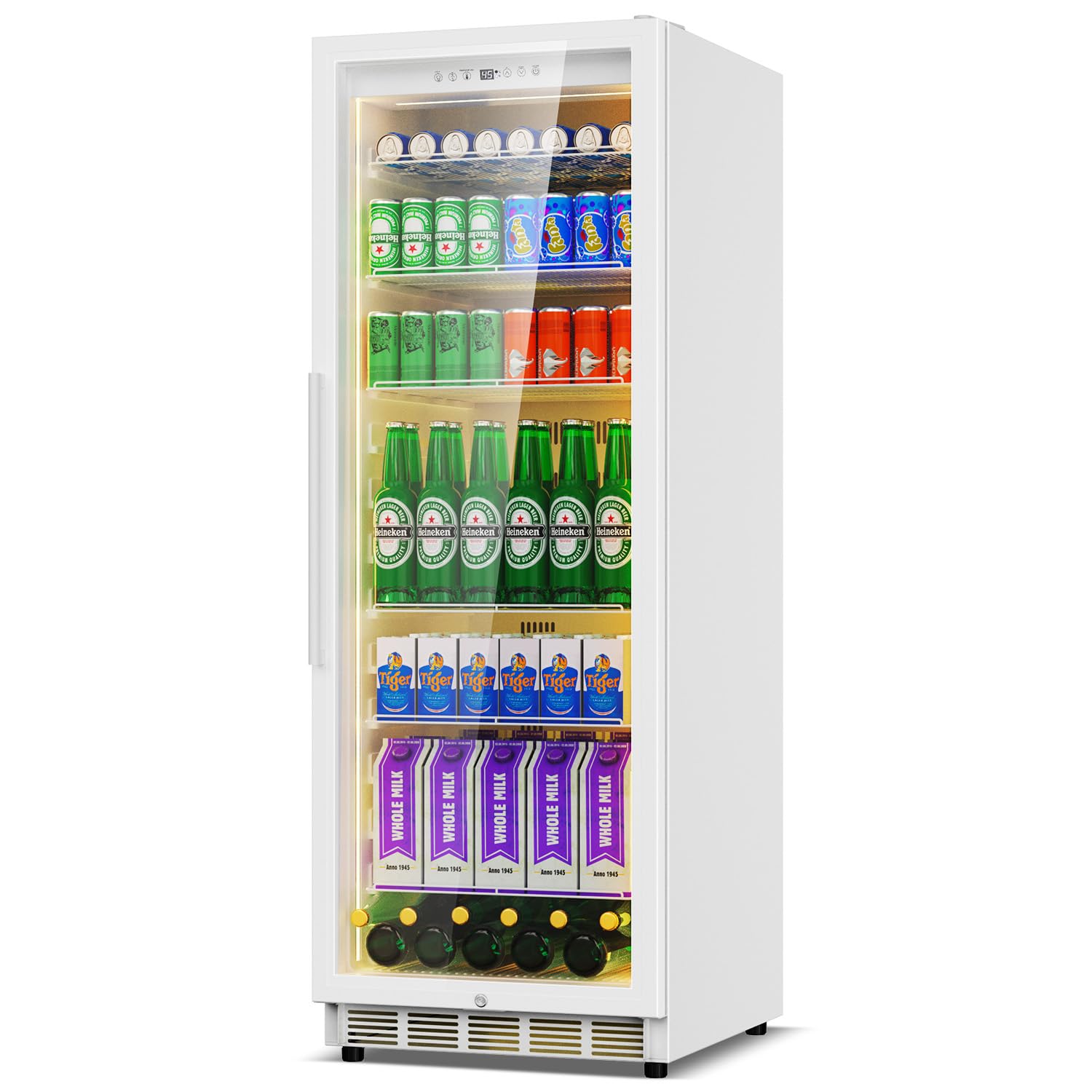 Commercial Display Beverage Fridge: 13.8 Cu Ft Upright Cooler with Glass Door, LED Lighting, Low Noise, and Rapid Cooling for Restaurants, Shops, and Offices (White)