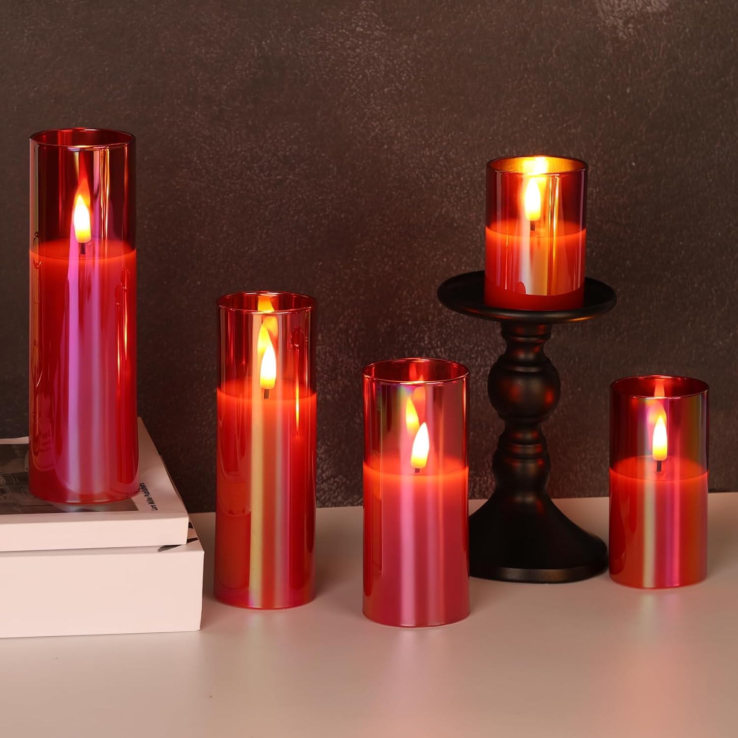 Red Glass Flameless Candles with Remote Batteries, Flickering Christmas LED Pillar Candles Set of 5