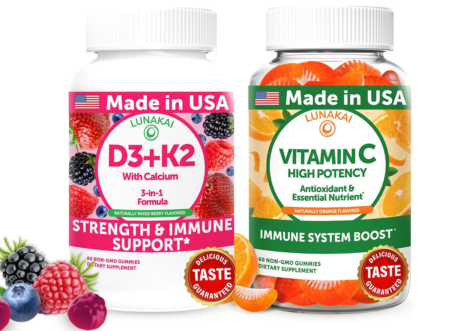 Lunakai USA Made D3+K2 with Calcium & Vitamin C Gummies Bundle – Vegan, Non-GMO – 60 Gummies Each
