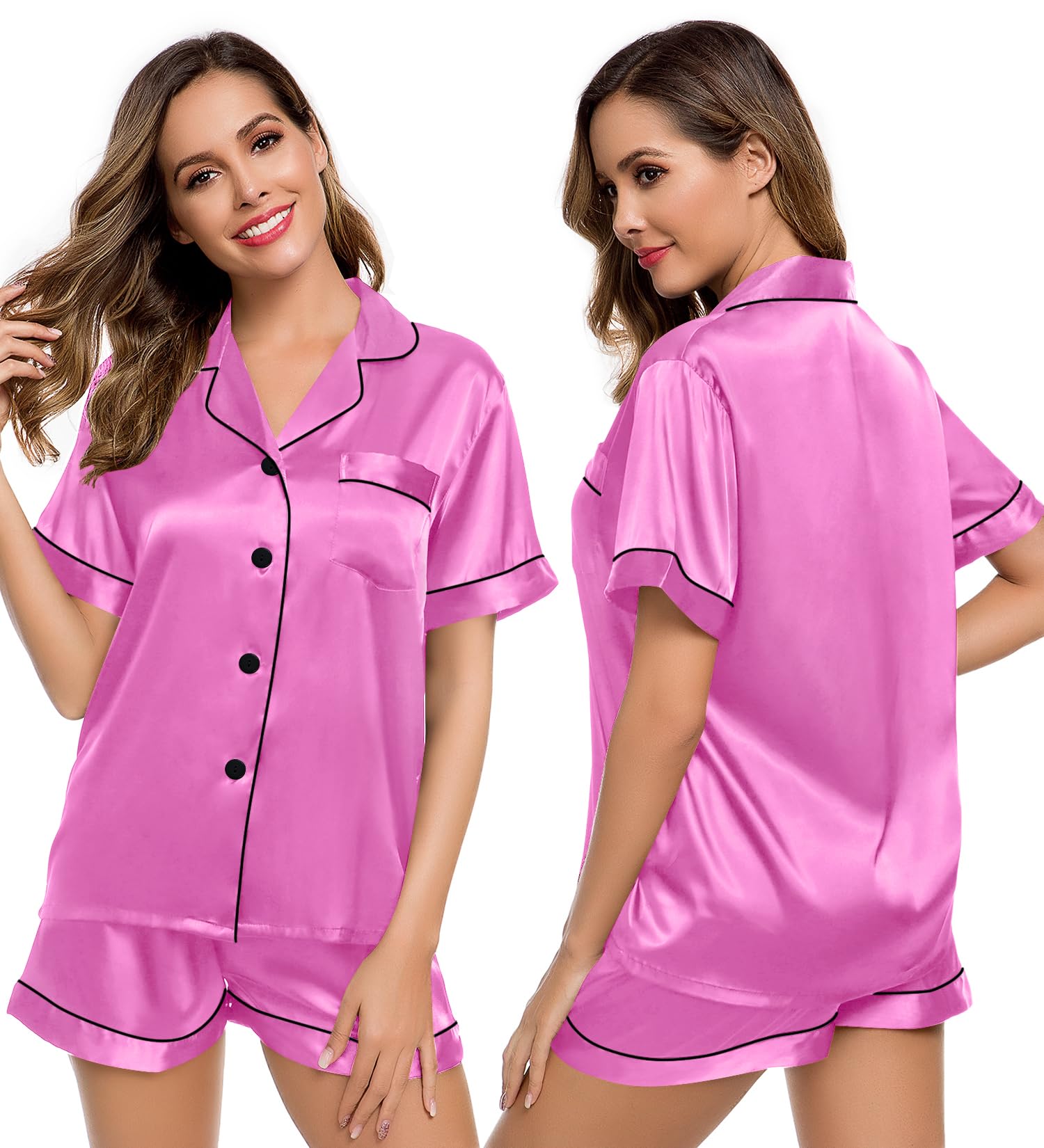 LecGee Womens Silk Satin Pajamas Short Sleeve Loungewear Two-Piece Sleepwear Button-Down Pj Set Doll-like Pink Small