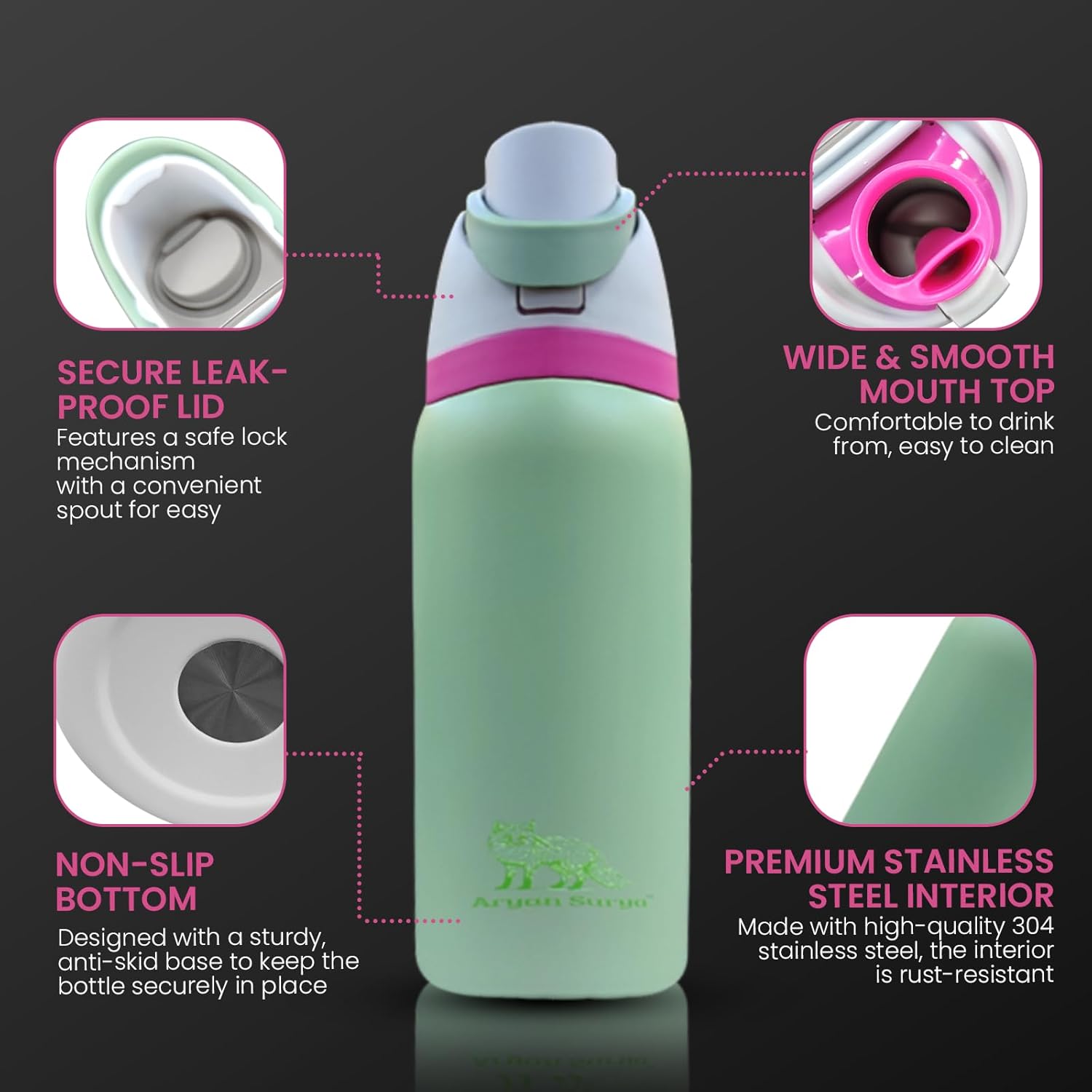 32 oz Insulated Stainless Steel Water Bottle with push-button lid with lock and Straw for Sports and Travel, BPA-Free Sports Water Bottle (GreenApple, 32)