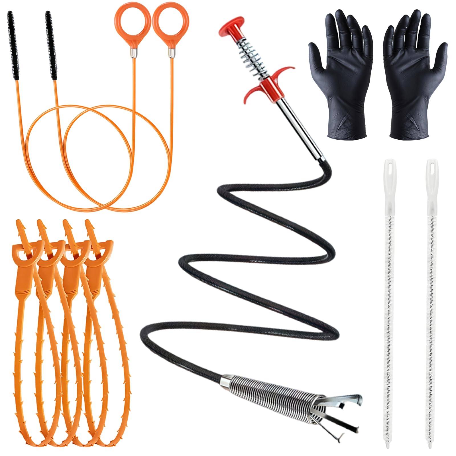 SPOKKI 11 Pcs Drain Snake Hair Drain Clog Remover Tool Set, Flexible Claw Grabber, Snake Hair Remover, Cleaning Brush, Cleaning Strip, Sink Unblocker Tool for Toilet Sewer Shower Kitchen Bathroom Tub