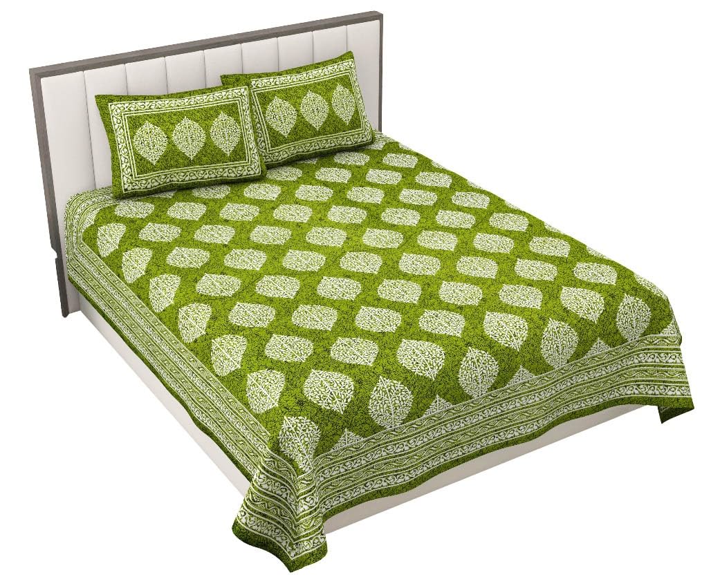 RajasthaniKart® Pure 100% Cotton Double Bed Sheet with 2 Pillow Covers (Bedsheet for Double Bed Cotton, Green, 90x94inches)