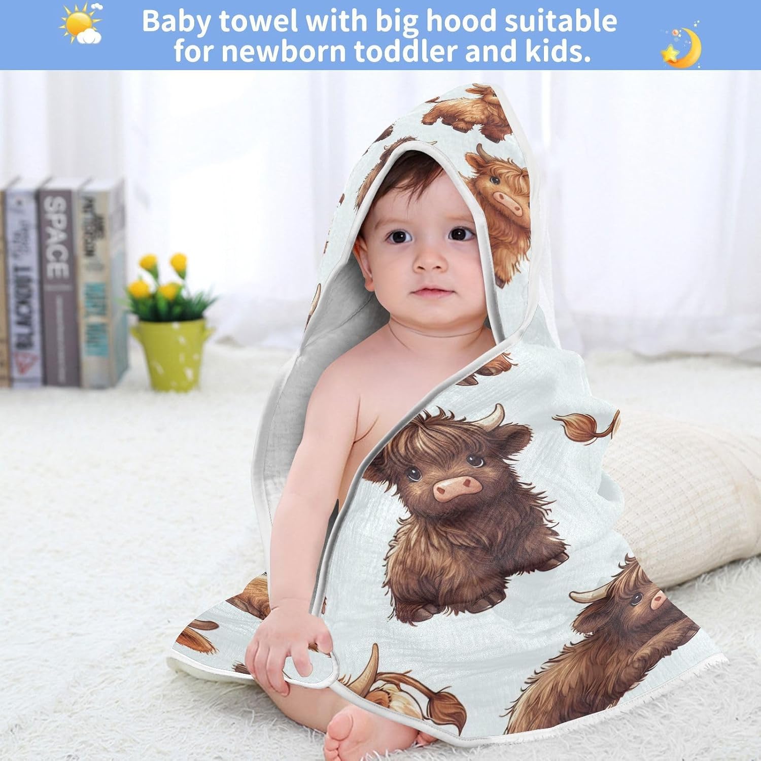 Highland Cows Hooded Baby Bath Towels, Cotton Soft Hooded Towel for Babies - Absorbent Baby Bath Towels 30x30 Inch