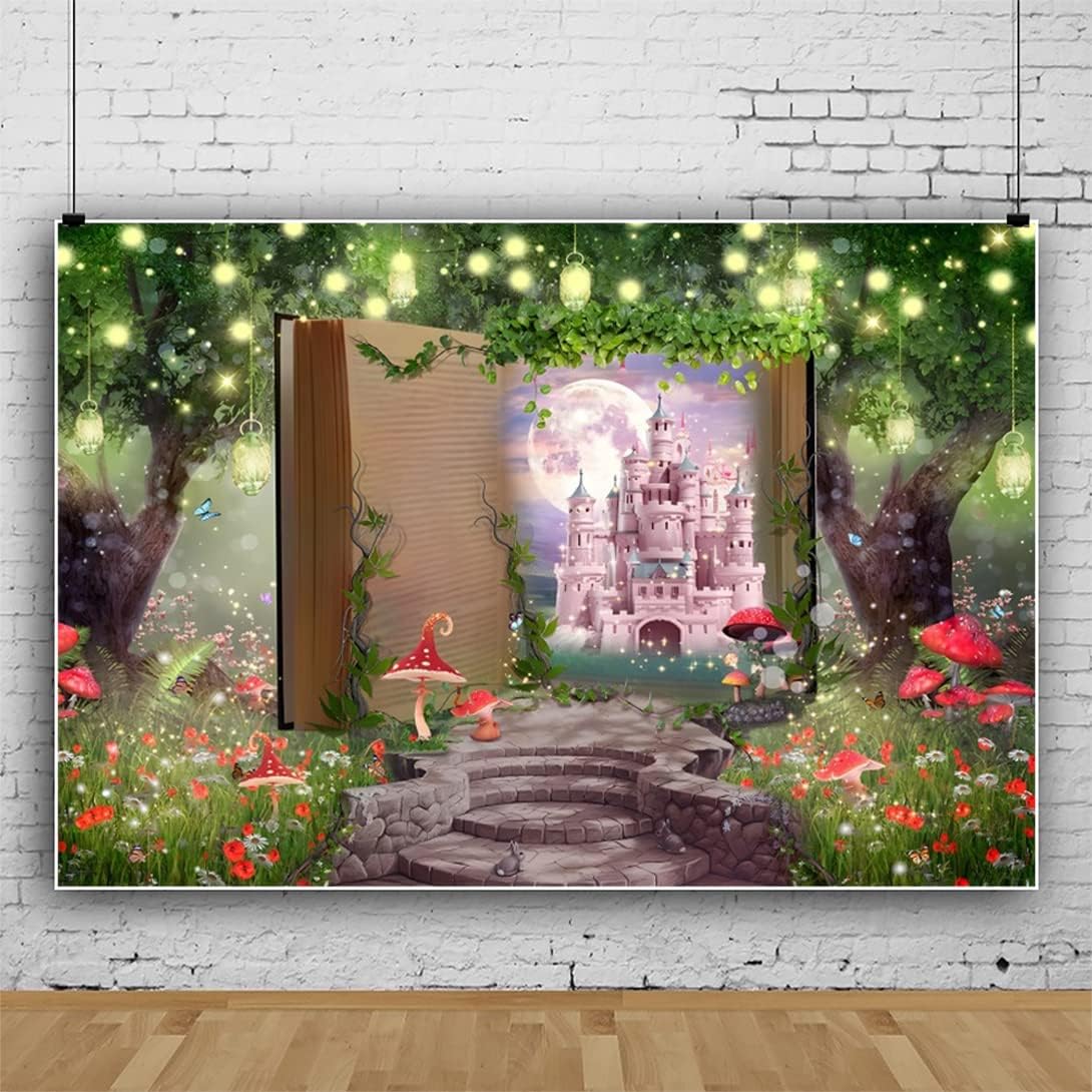 Renaiss 7x5ft Fairy Tale Book Backdrop Magic Book Wonderland Photography Background Fantasy Mushroom Enchanted Forest Castle Princess Wedding Birthday Girl Baby Shower Party Decor Photo Booth Props