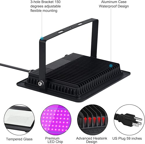 Miniatura 4 de HWay - Luces negras de 200 W, luces LED negras y moradas con enchufe (cable de 6 pies) para fiesta de luz negra, iluminación de escenario, acuario,