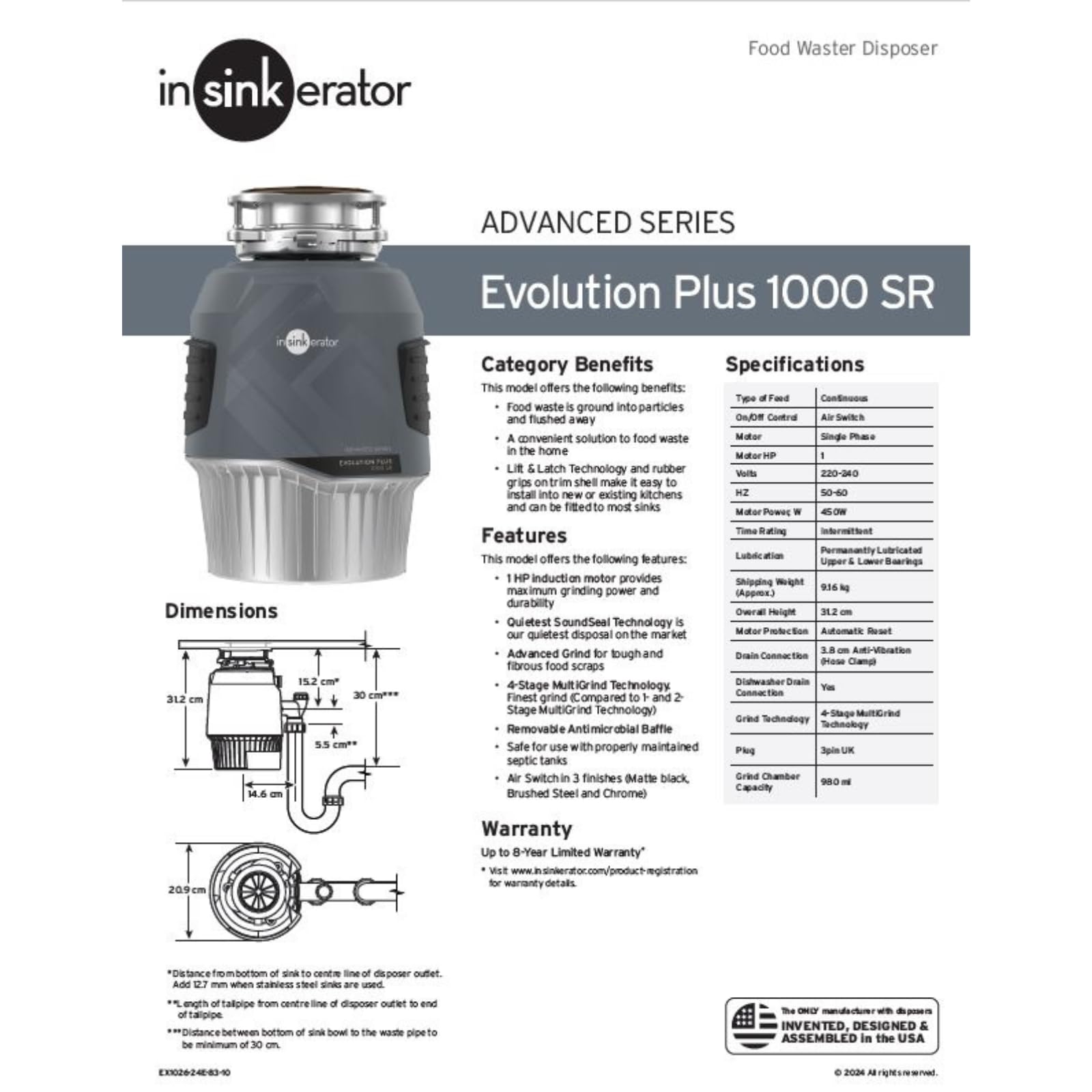 InSinkErator Trituradora de residuos de cocina Evolution Plus 1000 SR Waste Disposer