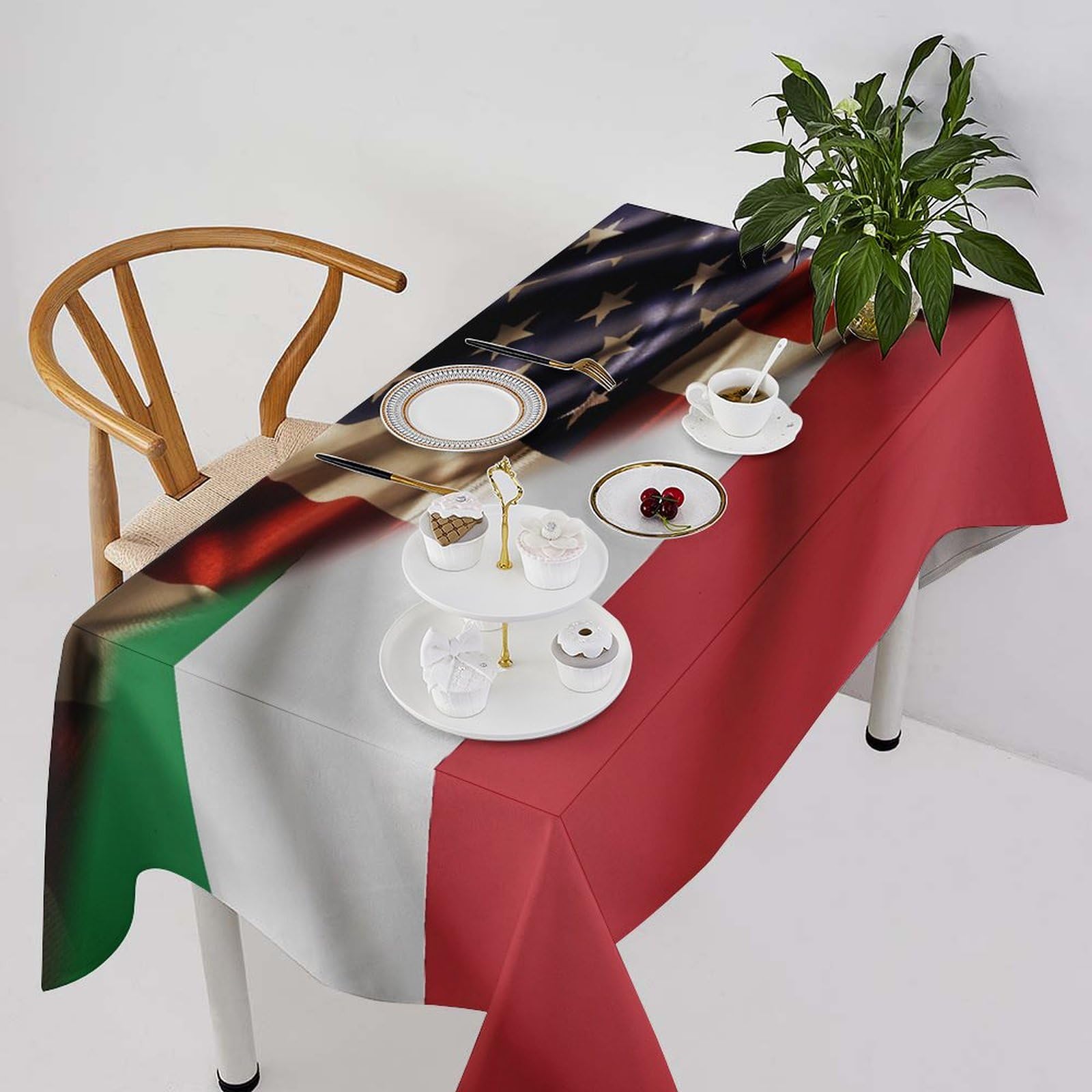 Combined Italy and USA Flag Themed Table Cloth Washable Tablecloths for Outdoor Picnic Room Kitchen Living Room Dinner Decor 55"x110"