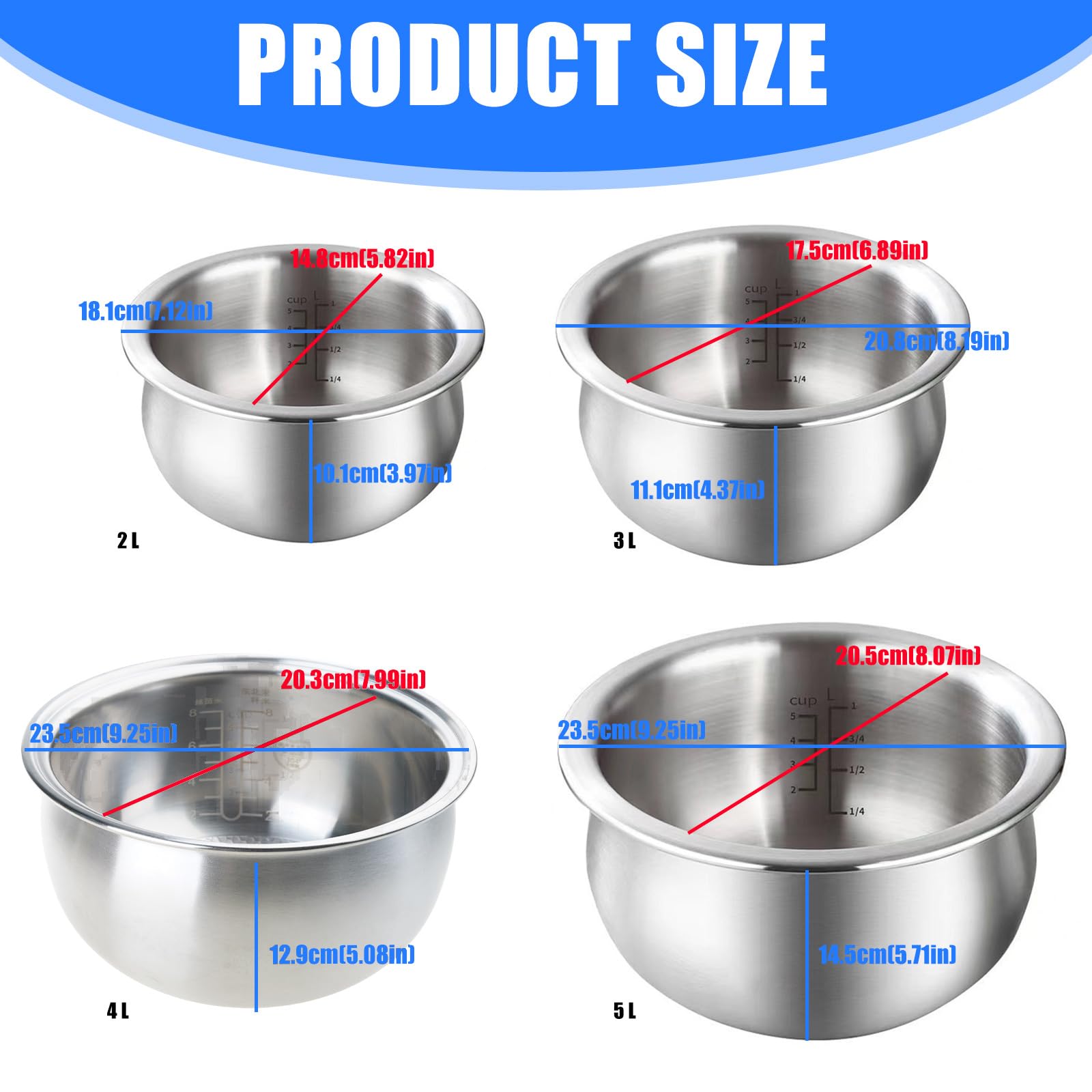 Pentole per riso intercambiabili in acciaio inossidabile Inserto 2L 3L 4L 5L Opzione Universalmente adatta per la parte ricambio per elettrodomestici da cucina Pentole per riso