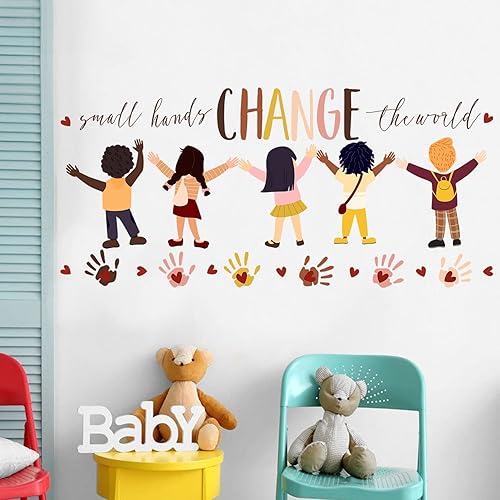 Miniatura 4 de Mfault Calcomanías inspiradoras de pared con huellas de manos pequeñas que cambian el mundo, inclusión de diversidad, decoración de guardería,