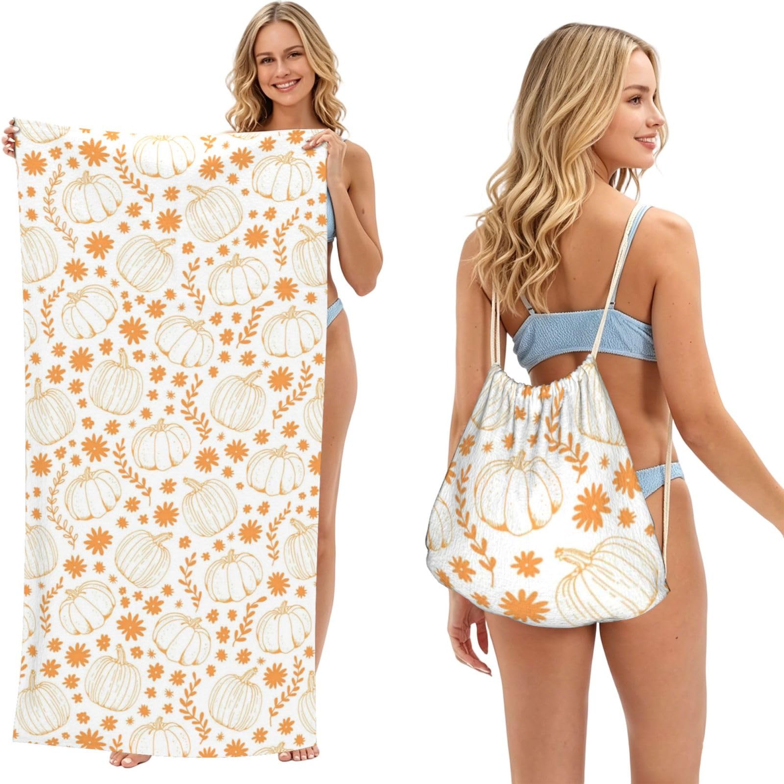 Poadnly As Picture Autumn Pumpkin Flower Leaf, 2 In 1 Packable Towel Bag, Beach Towels With Drawstring Backpack For Travel Holiday Camping