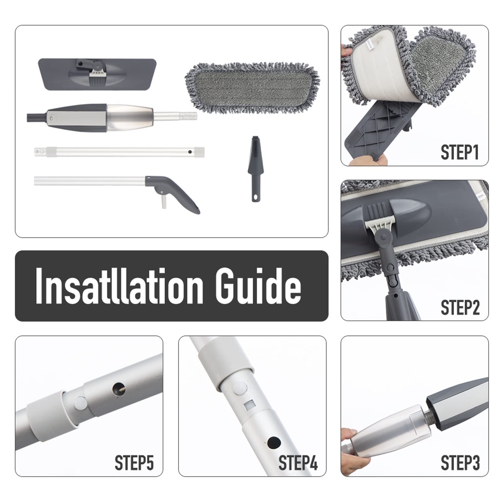 Mopa limpiadora en aerosol para suelos – mopa plana húmeda y seca para azulejos, laminado, cerámica, madera – Incluye almohadillas reutilizables y kit de limpieza de raspador