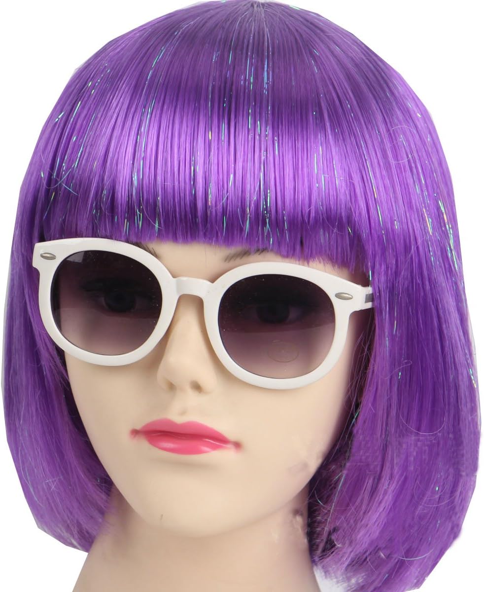 KOLIGHT Purple Short Bob Wig with Bangs, 10 Inch Glitter Straight Synthetic Hair Wig for Women, Cosplay Party Costume Wig with Cap & Comb (Purple)