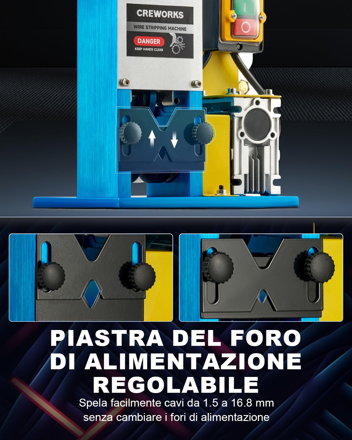 CREWORKS 180W Professionale Spellacavi Elettrica con 3 Piastre Foro 5 Canali per Cavo Φ1.5-25mm Spelafili Sguainacavi per Riciclaggio Cavi