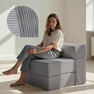 Schlafsofa 75 cm breit – Cord Sofa Grau – Schlafsessel & Klappsofa mit Cord-Bezug – 19 cm Memory Foam – 110 kg – Waschbar 30°C – Wohnzimmer, Gästezimmer, Kinderzimmer & Büro – OEKO-TEX Standard 100