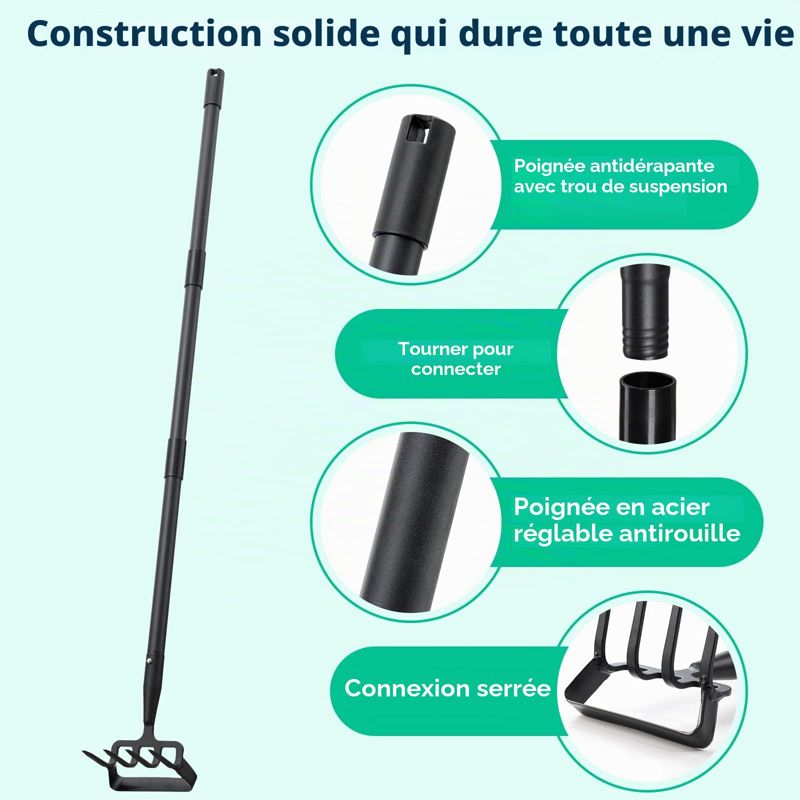 Houe de Jardin avec Râteau, Serfouette Binette Trident de Jardin pour Labourer et Désherber Le Sol, Cultivateur de Jardinage Manuel, Largeur 157cm Réglable