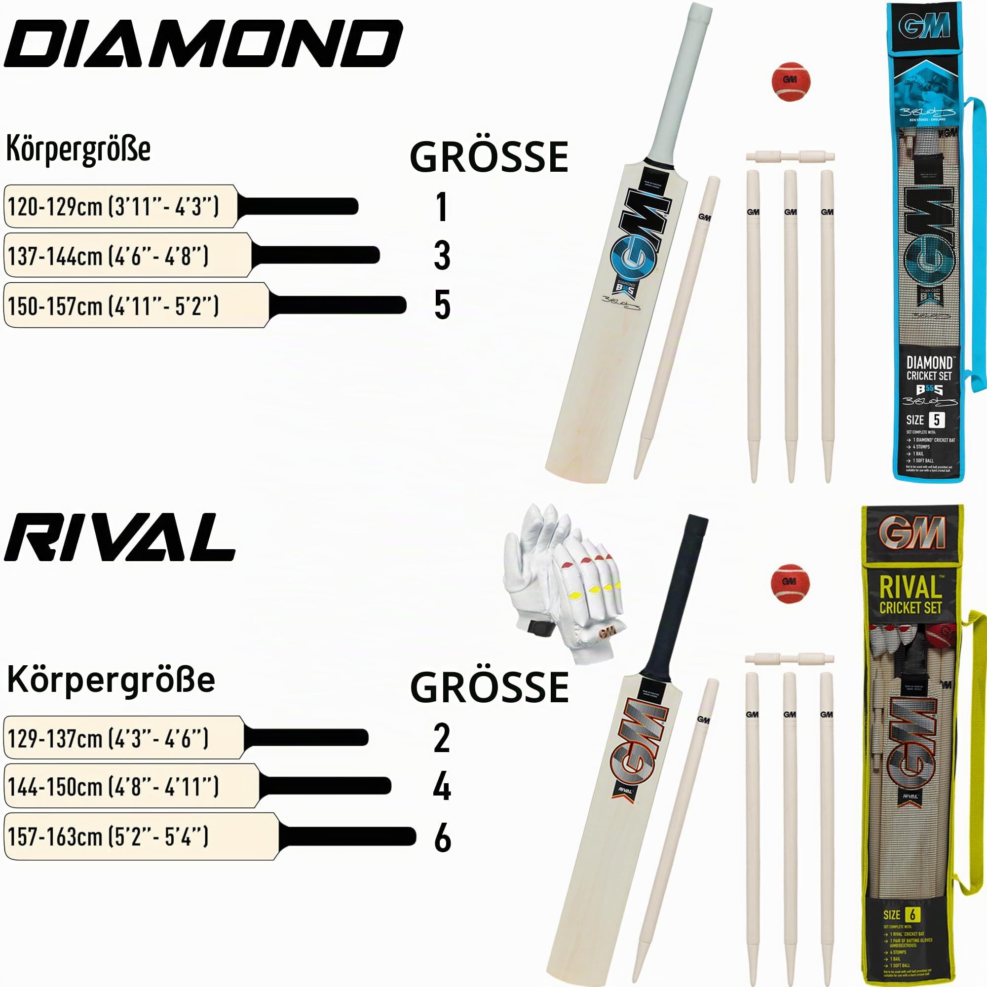 GM Ben Stokes Diamond Cricket-Set aus Holz, 1 x Diamantschläger, 1 x weicher roter Tennisball, 4 Stümpfe und 1 Bügel, Größe 5, geeignet für Spieler von 150–157 cm Gunn & Moore