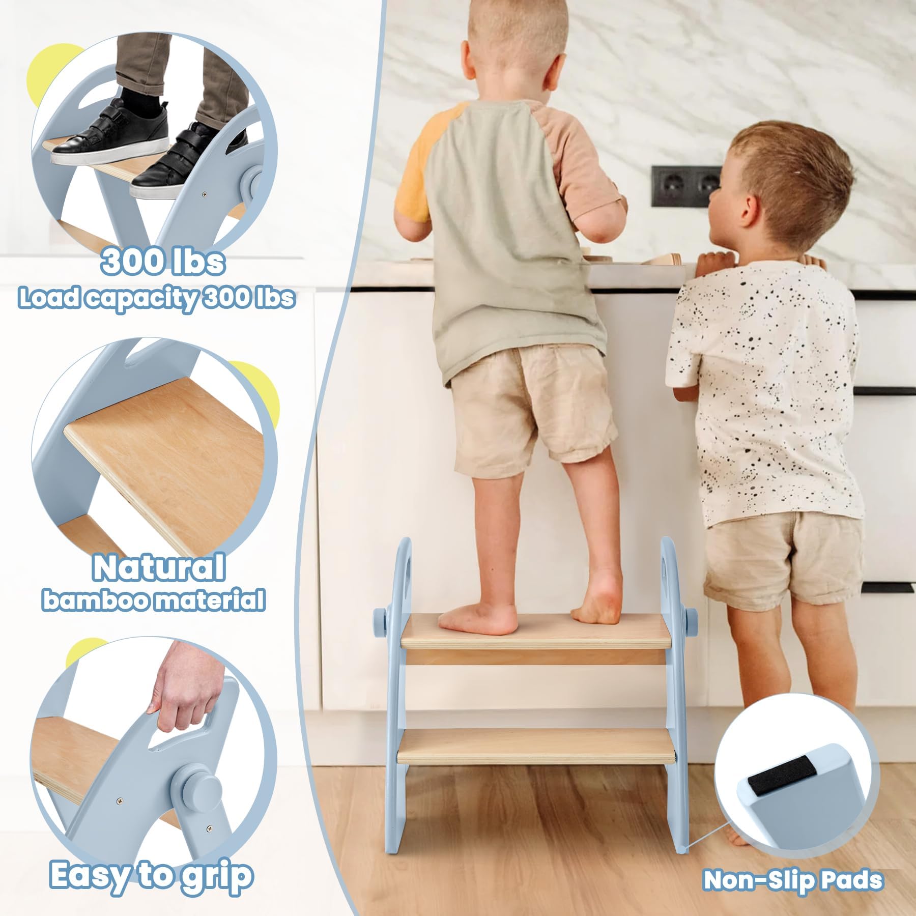 Taburete Niños Madera de 2 Peldaños Plegable, Capacidad de 130 kg con Alfombrilla Antideslizante y Asas, Escalon Infantil para Dormitorio, Cuarto de Caño, Cocina, Azul