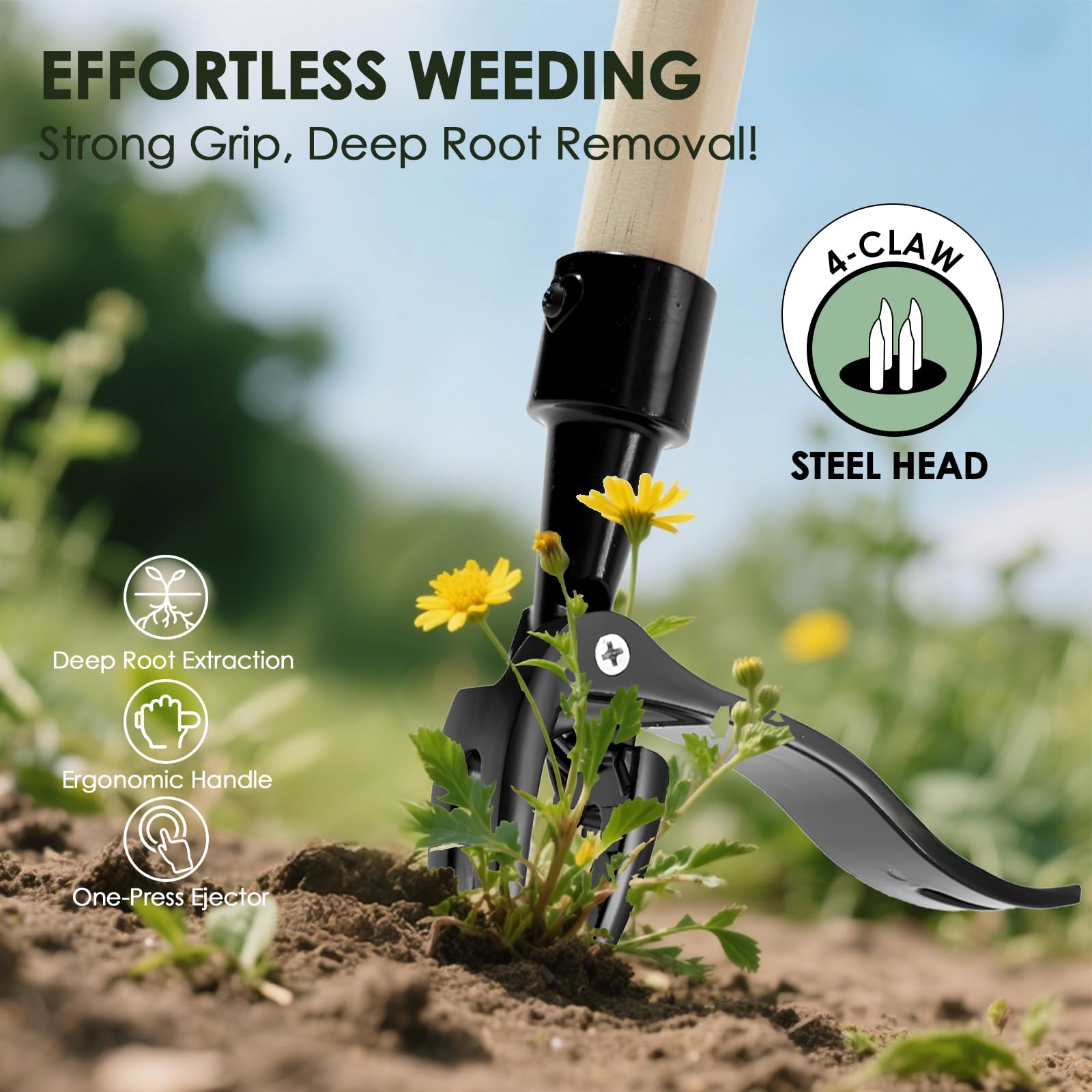 Detachable Stand Up Weed Puller Tool with Long Handle, Dandelion Weed Puller Tool Stand Up Heavy Duty, Outil d'élimination de Mauvaises Herbes de Jardin Long poignée (Bois 44in)